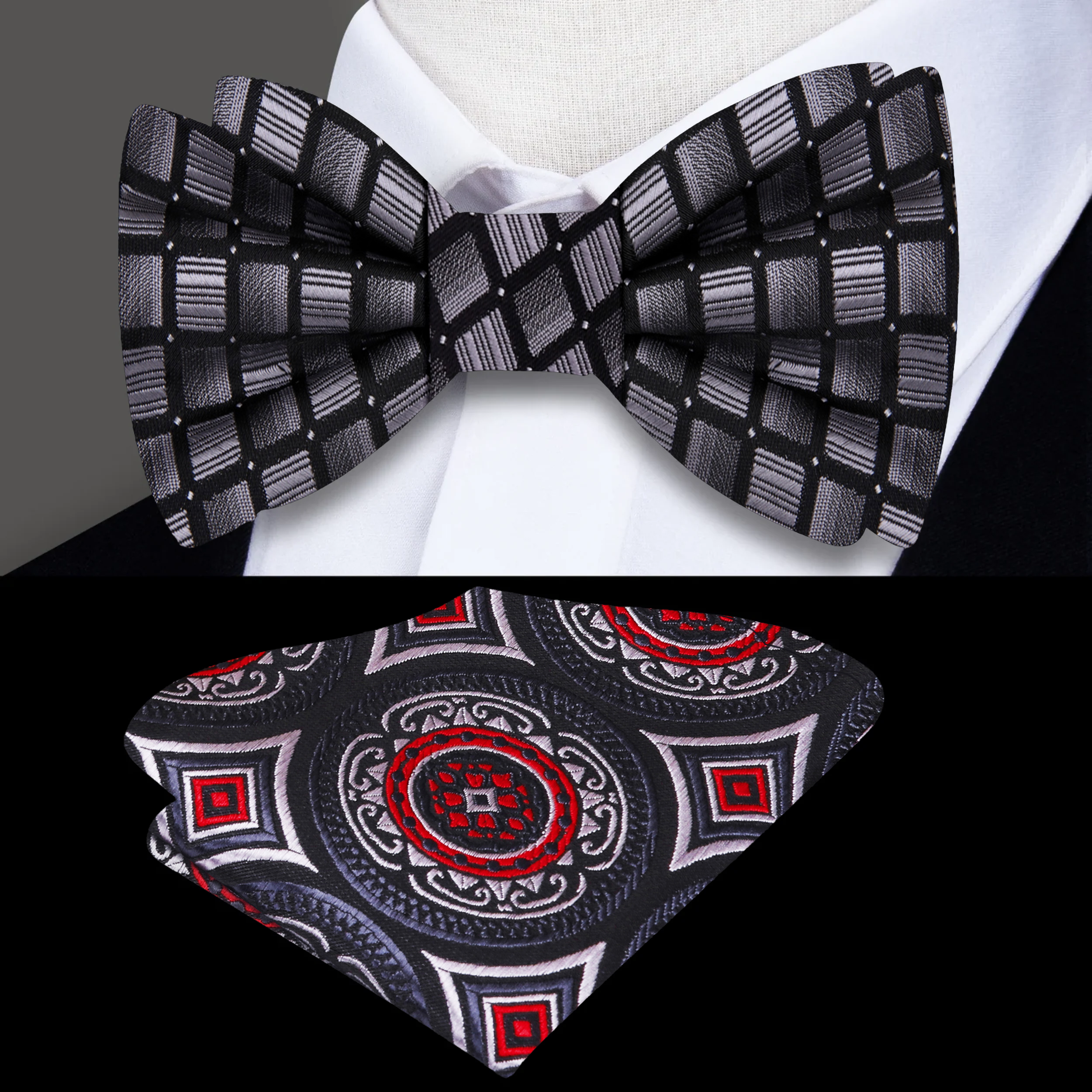 Close-up of the modern silver honeycomb bow tie showcasing its geometric pattern.