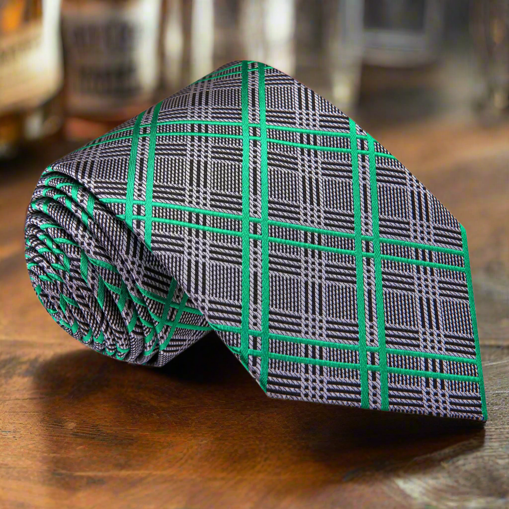 Close-up of Warrenton plaid silk necktie in grey, black, and green with detailed pattern view