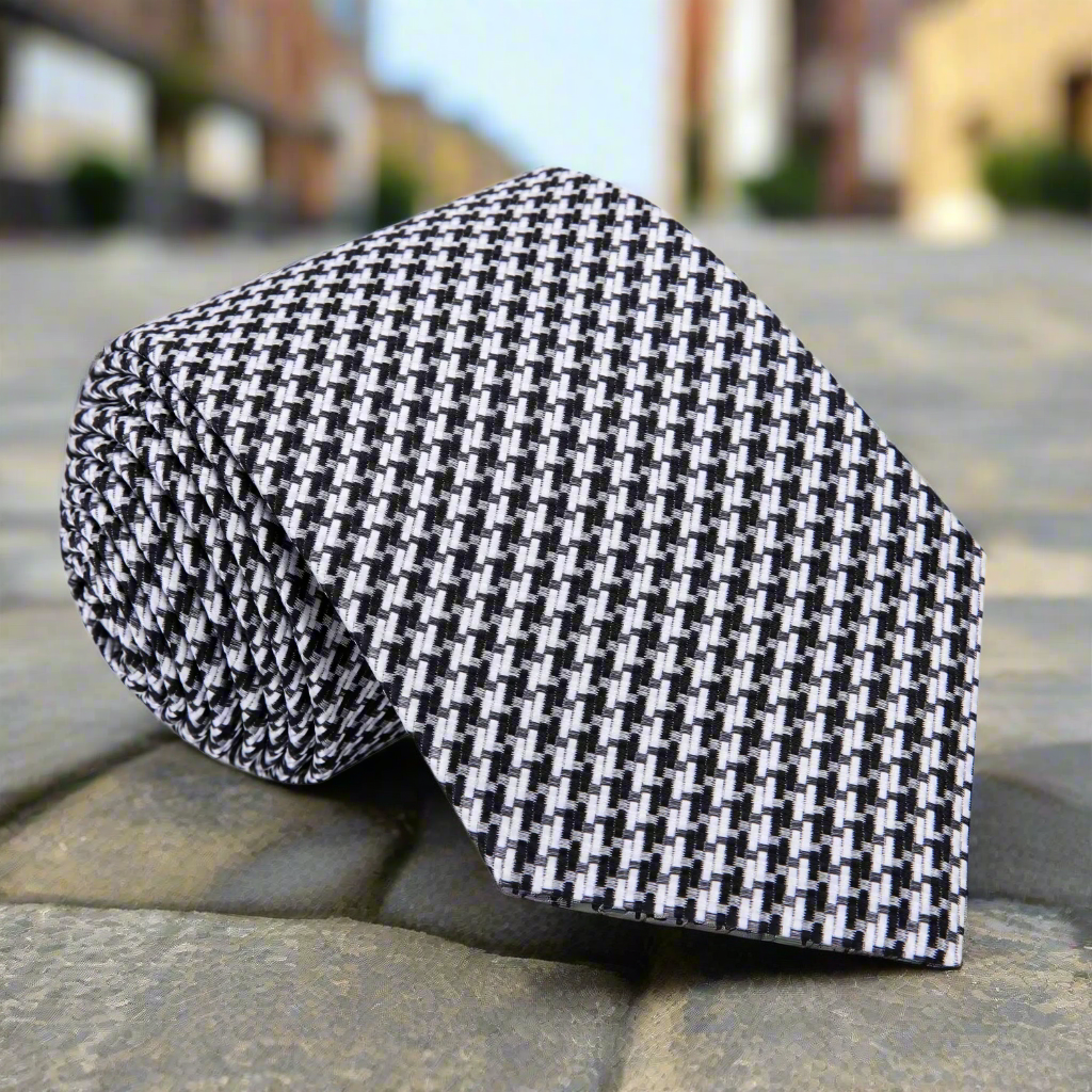 Close-up of grey and black houndstooth silk tie on a mannequin