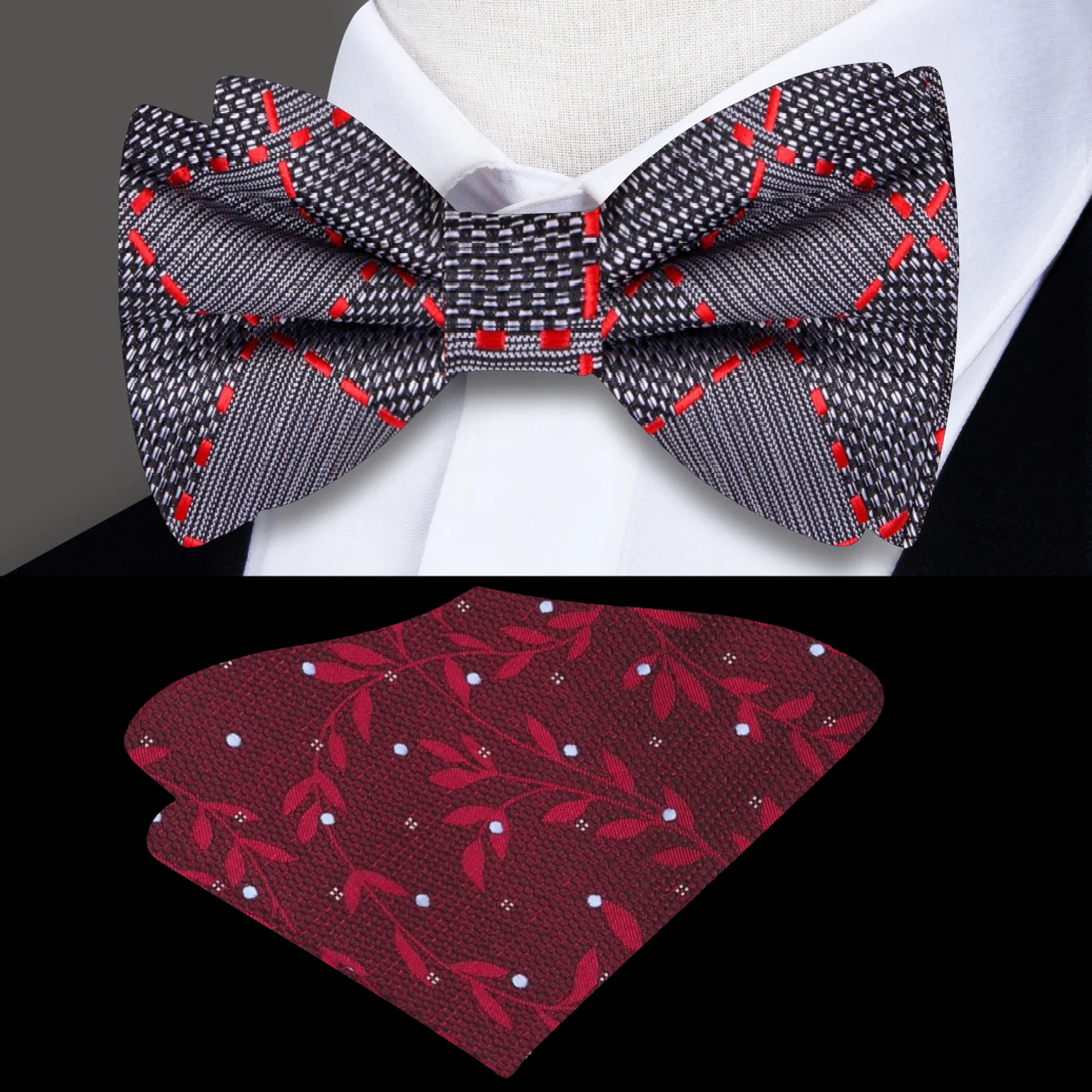 Front view of stylish geometric silk bow tie in grey, black, and red for formal wear