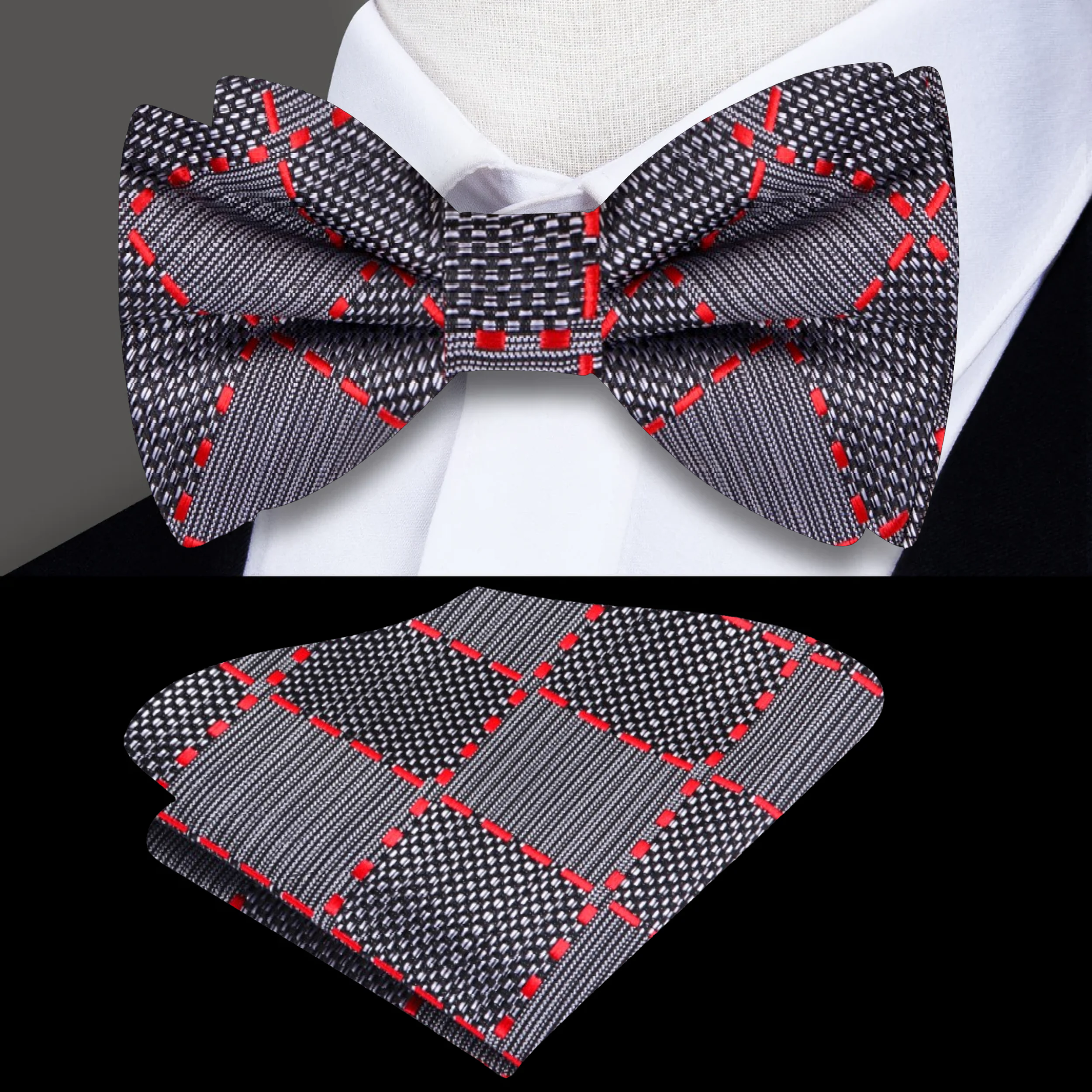 Close-up of the fabric and pattern of a high-quality silk bow tie