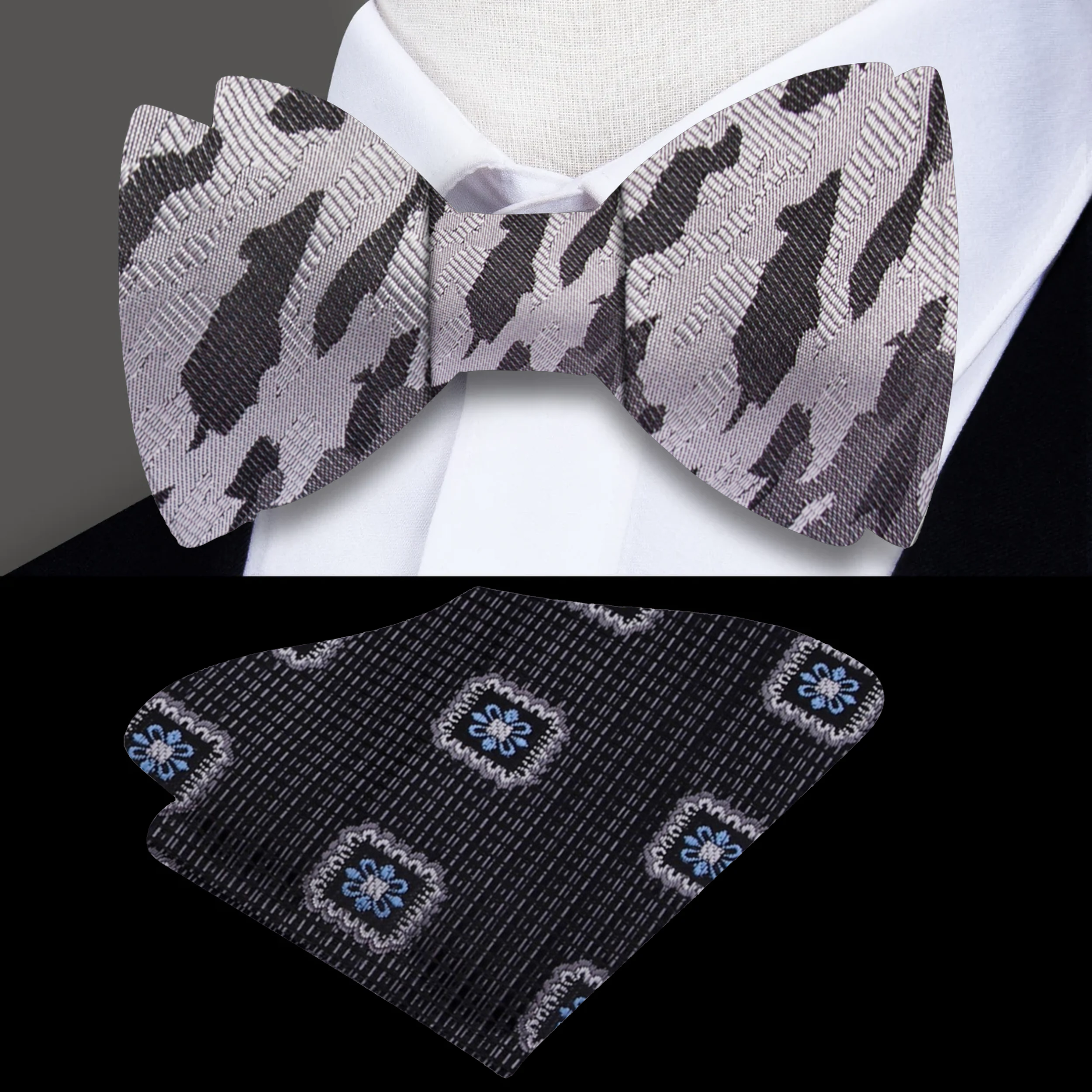 Stylish camouflage bow tie showcasing shades of grey, black, and brown, ideal for outdoor weddings.