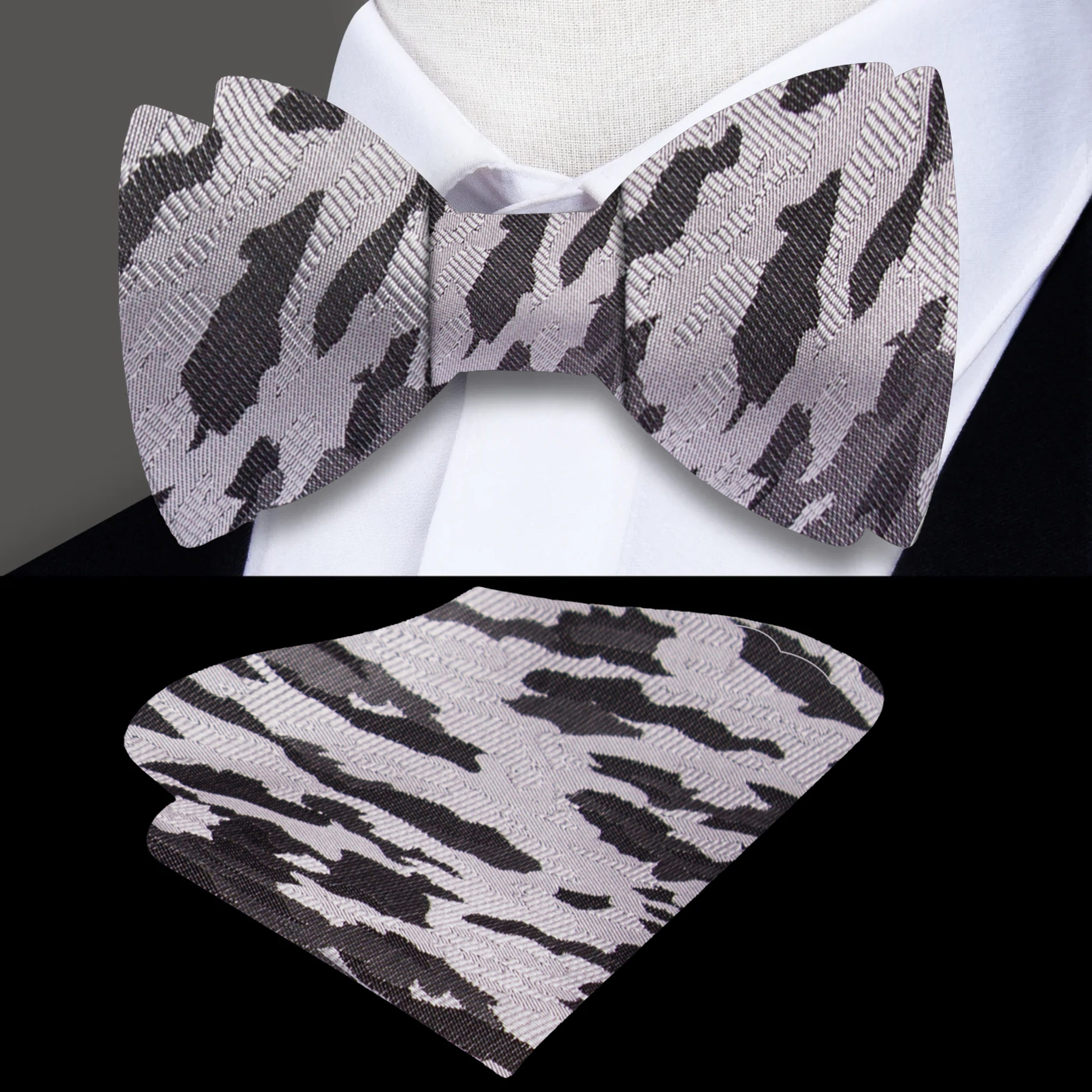 Close-up of the camouflage bow ties fleck pattern, highlighting its unique texture.