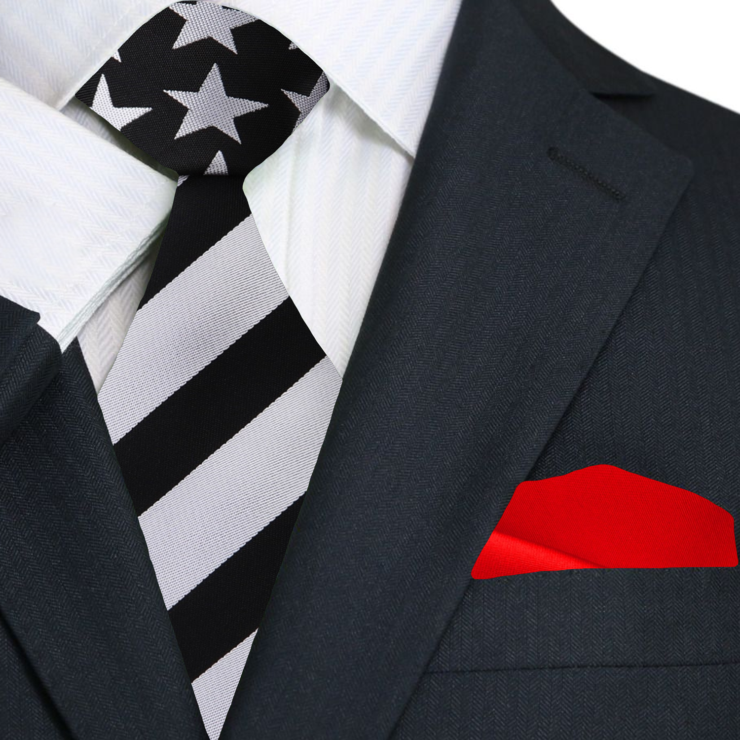 Close-up of Stars and Stripes Patriotic Silk Tie showcasing its vibrant colors and patterns.