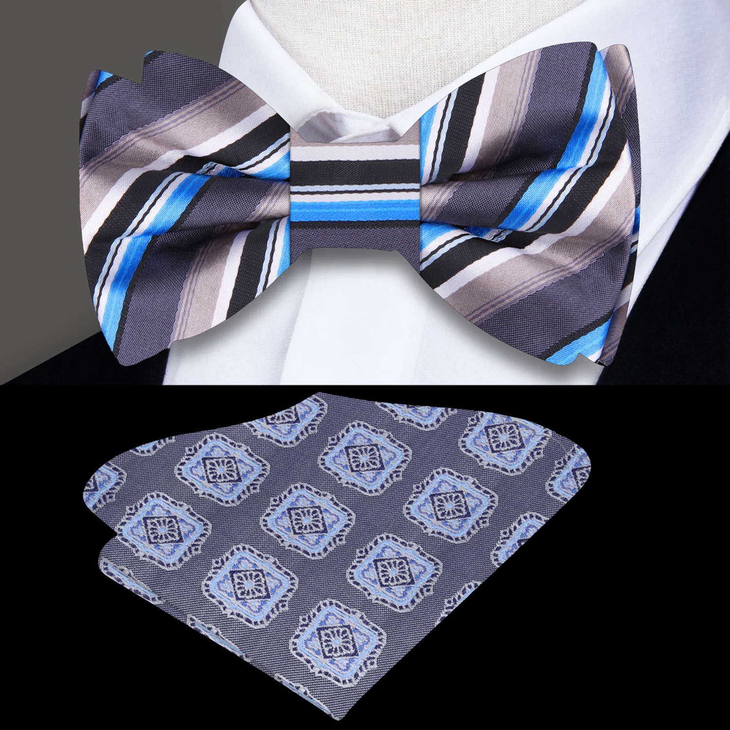 Elegant grey striped bow tie displayed on a white dress shirt, showcasing its sophisticated design.