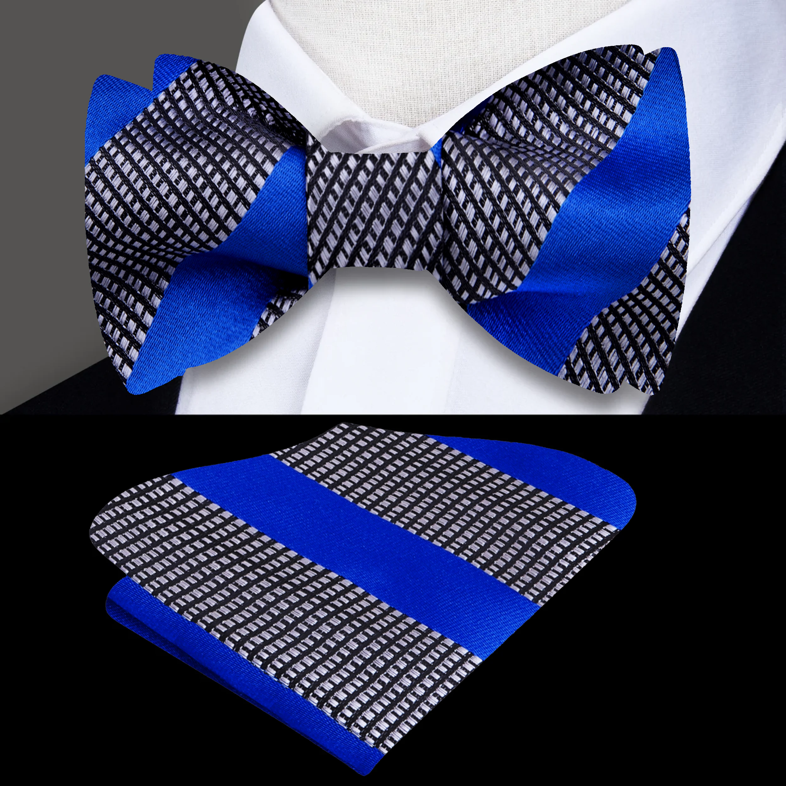 Close-up view of grey silk bow tie showcasing its intricate blue stripe pattern
