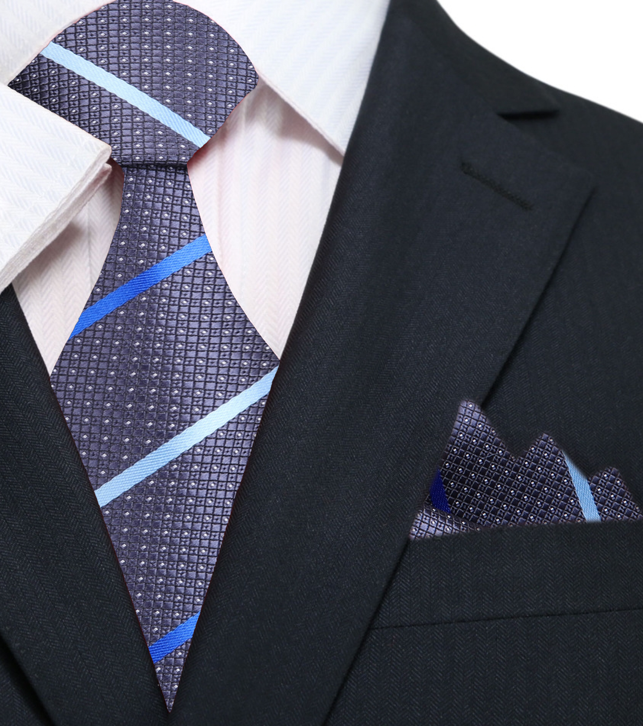 Elegant grey necktie with blue stripes displayed on a crisp white shirt
