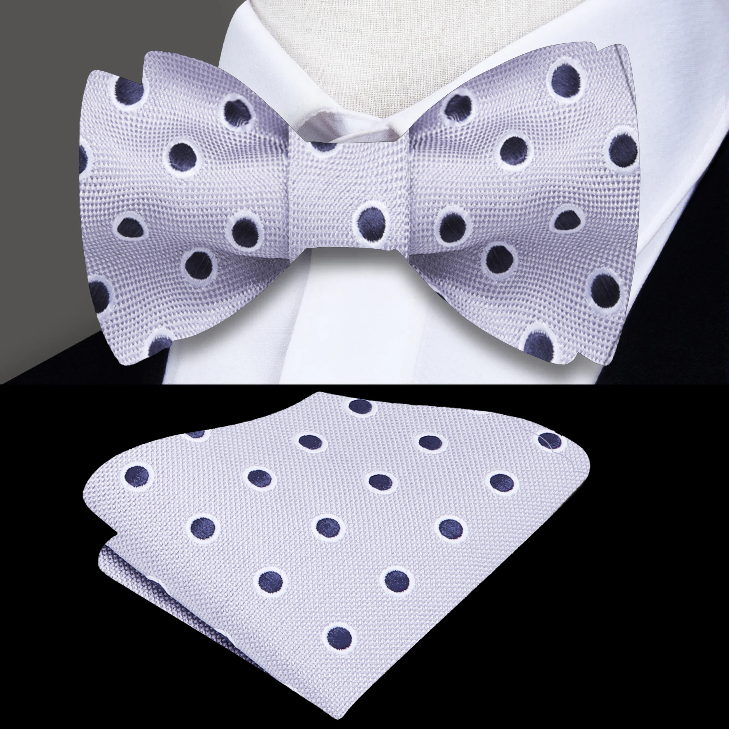 Close-up of Tarnwell luxury silk polka dot self-tie bow tie showcasing its fine texture.