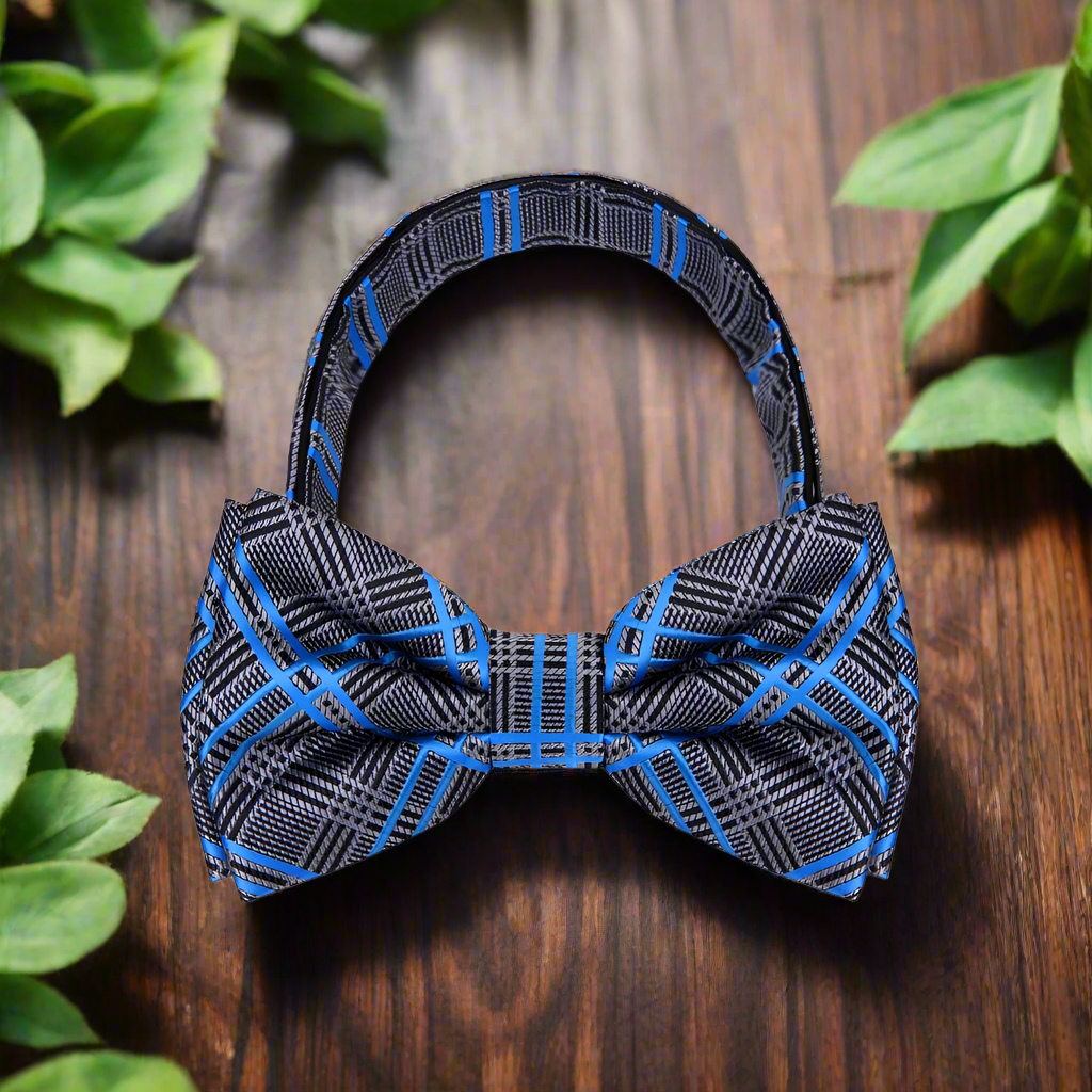 Close-up of Warrenton plaid bow tie showing colorful pattern