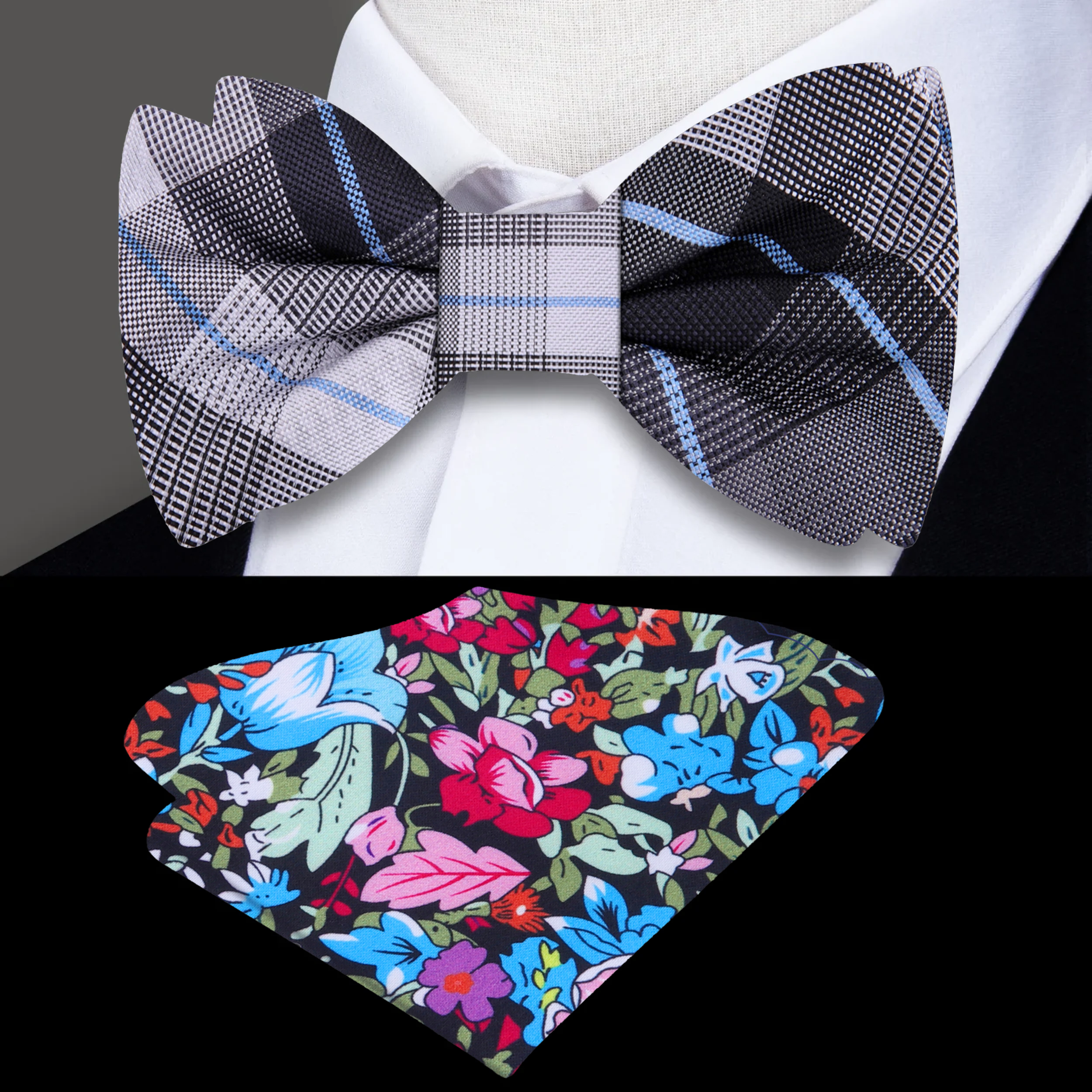 Elegant plaid silk bow tie in grey and light blue on a mannequin
