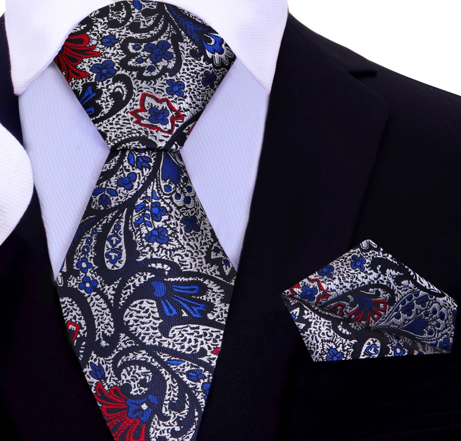 Elegant paisley tie in silver and blue, suitable for weddings and galas