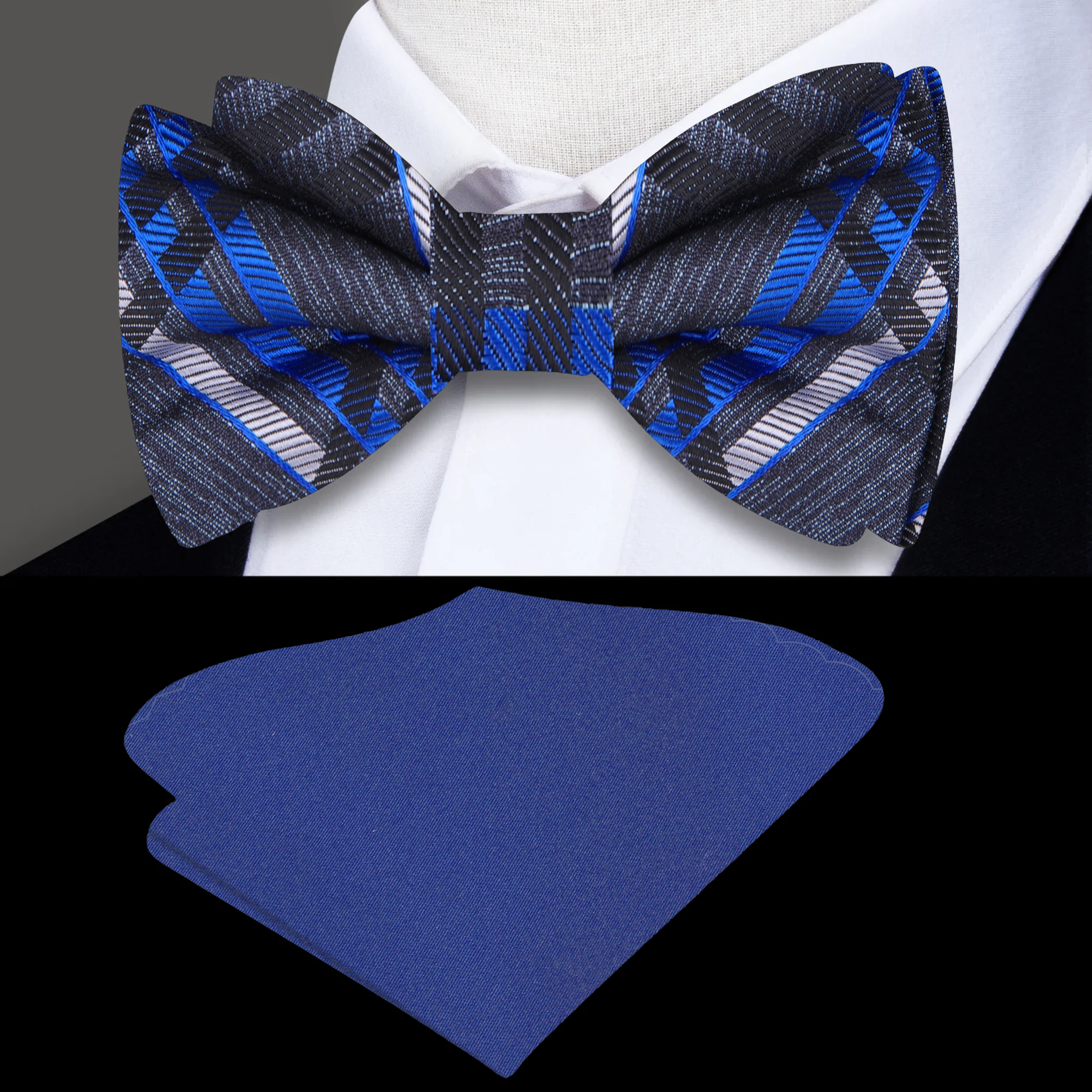 Dark blue plaid bow tie on a white dress shirt, perfect for formal events.
