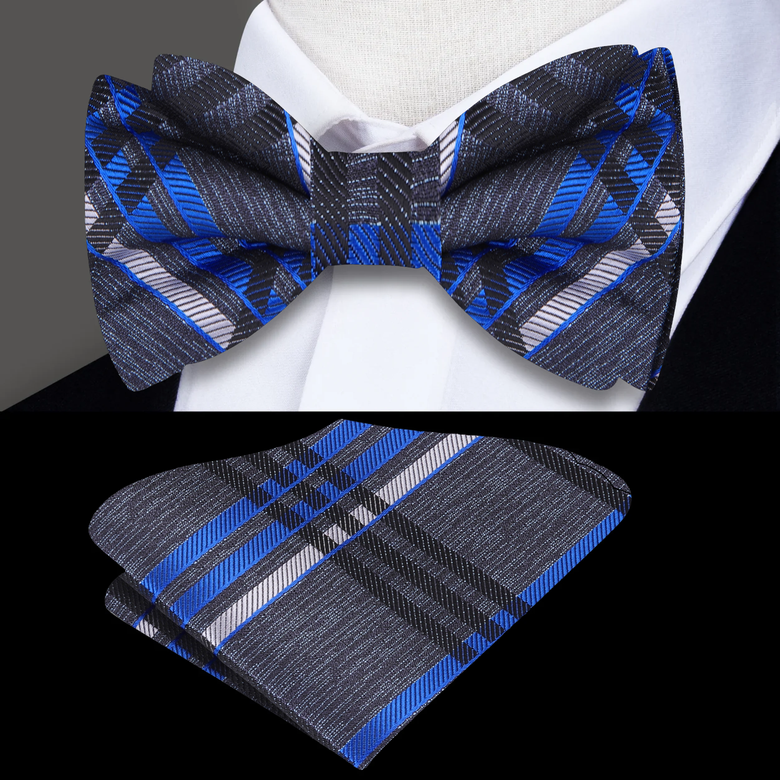 Grey plaid bow tie styled with a light grey suit, ideal for business meetings.