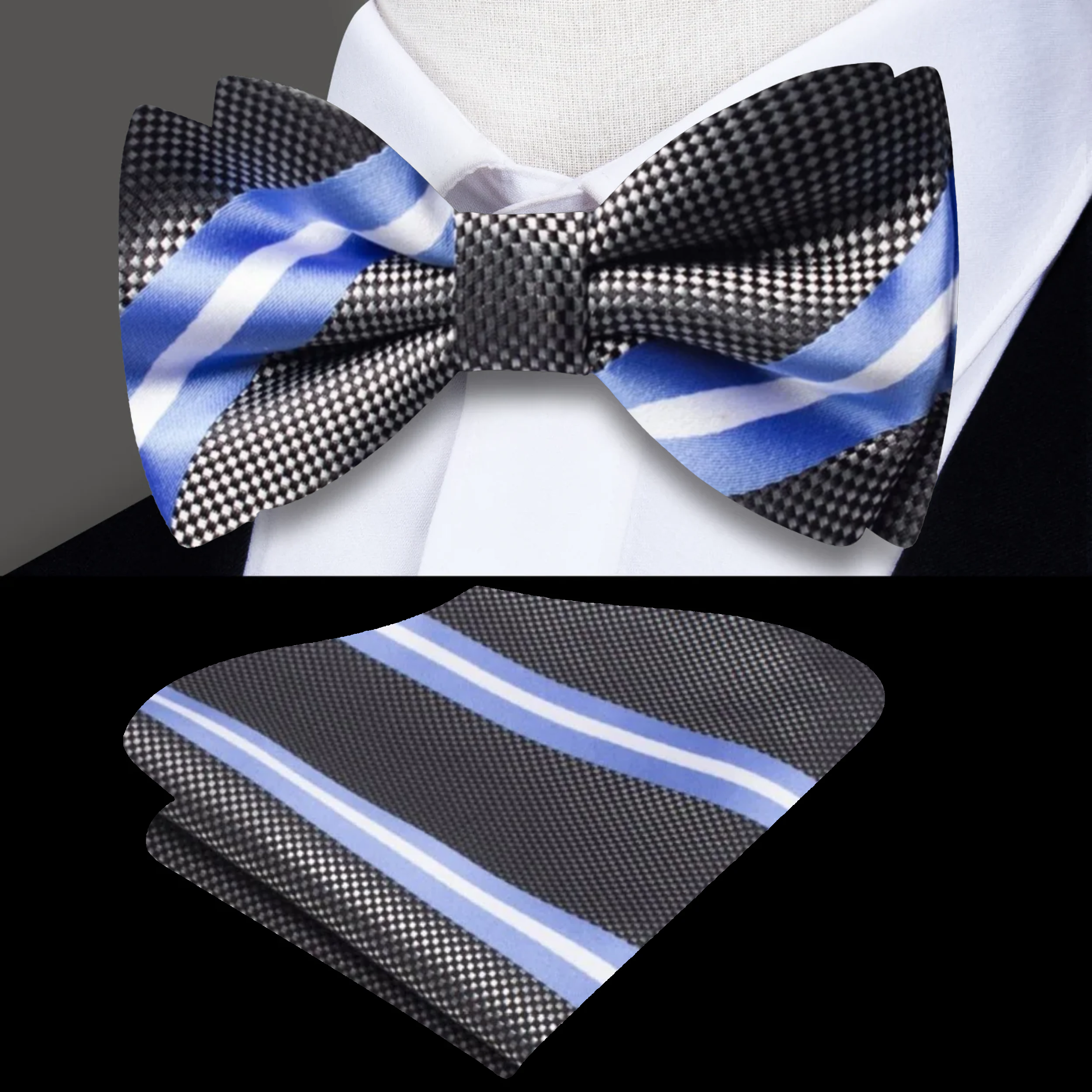 Close-up of grey and blue stripe silk bow tie on a model
