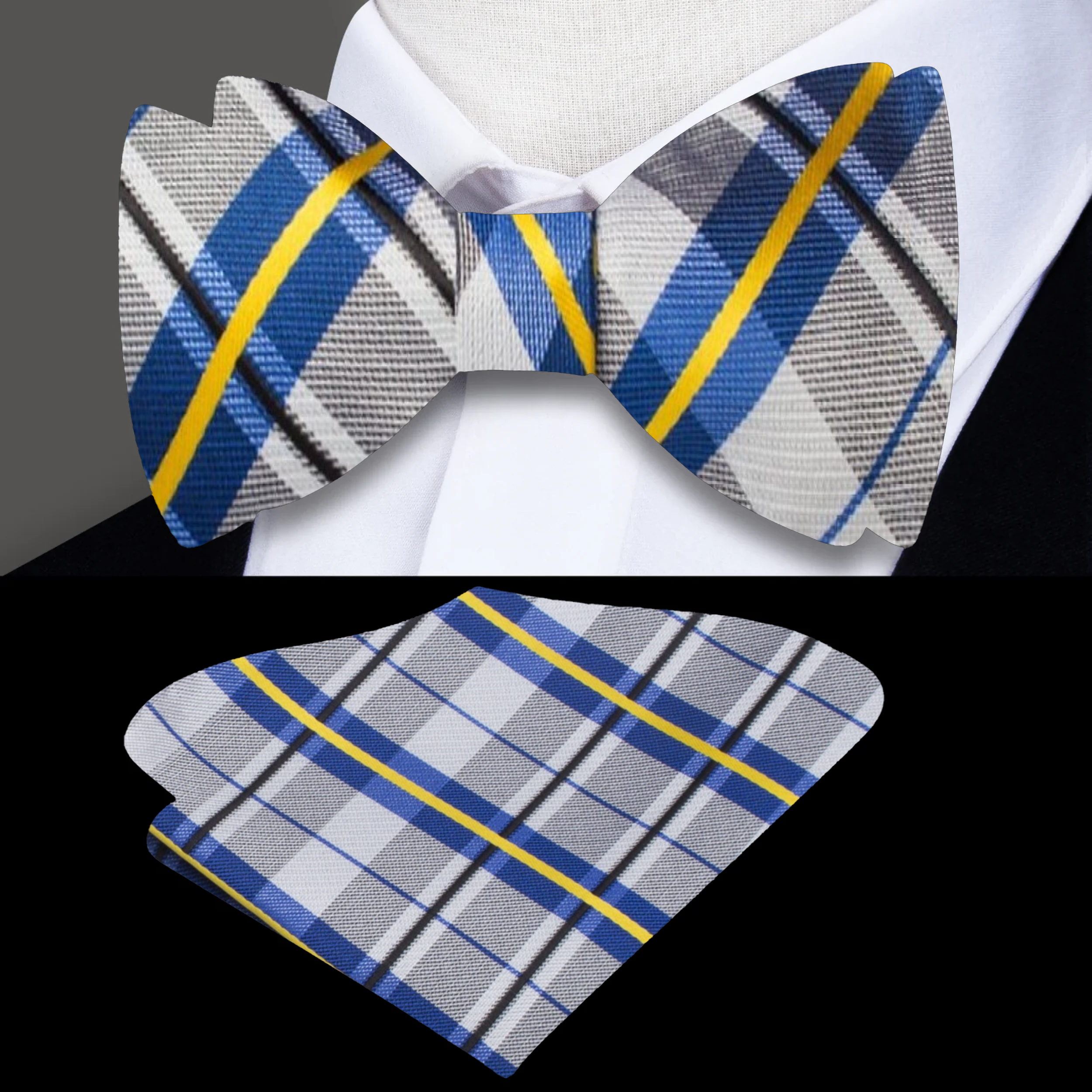 Close-up of a silk plaid self-tie bow tie, showing detailed pattern and texture