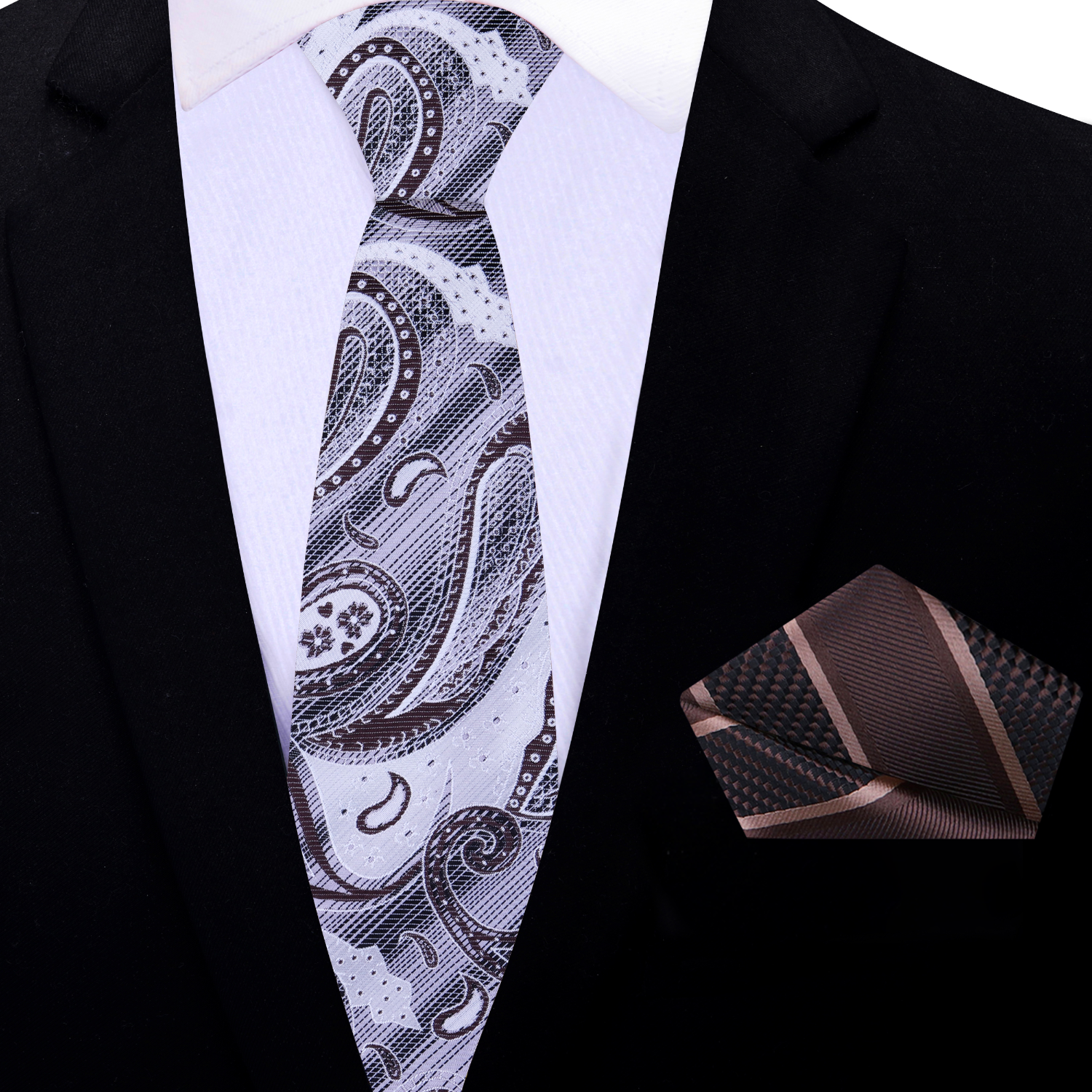 Elegant light grey and brown paisley silk tie with detailed patterns suitable for formal events.