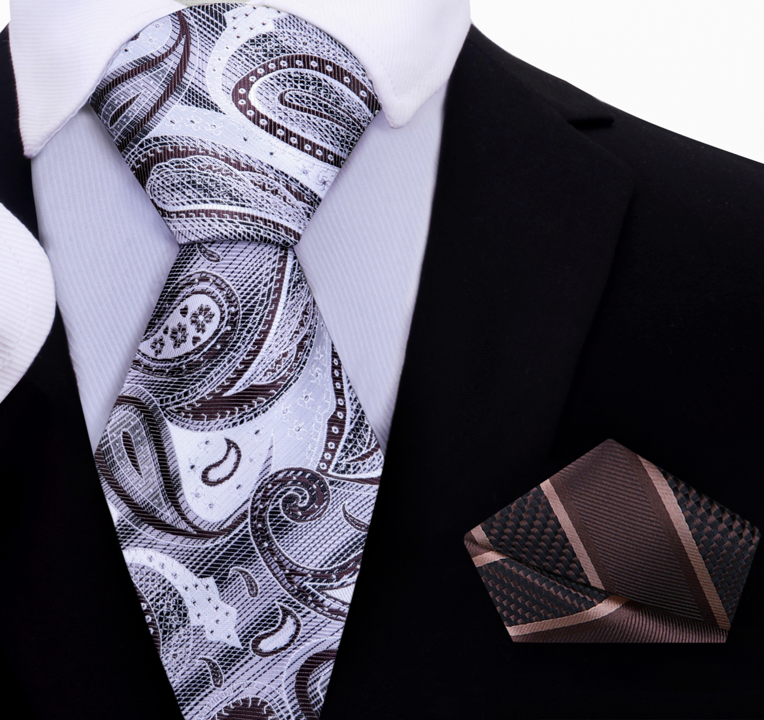 Close-up of the intricate paisley design on a light grey and brown silk tie, showcasing its craftsmanship.