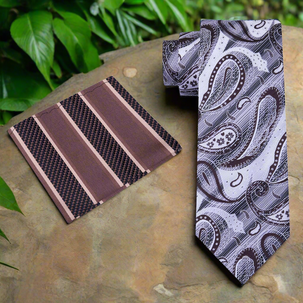 Luxury paisley tie with pocket square, perfect for weddings and upscale dinners.