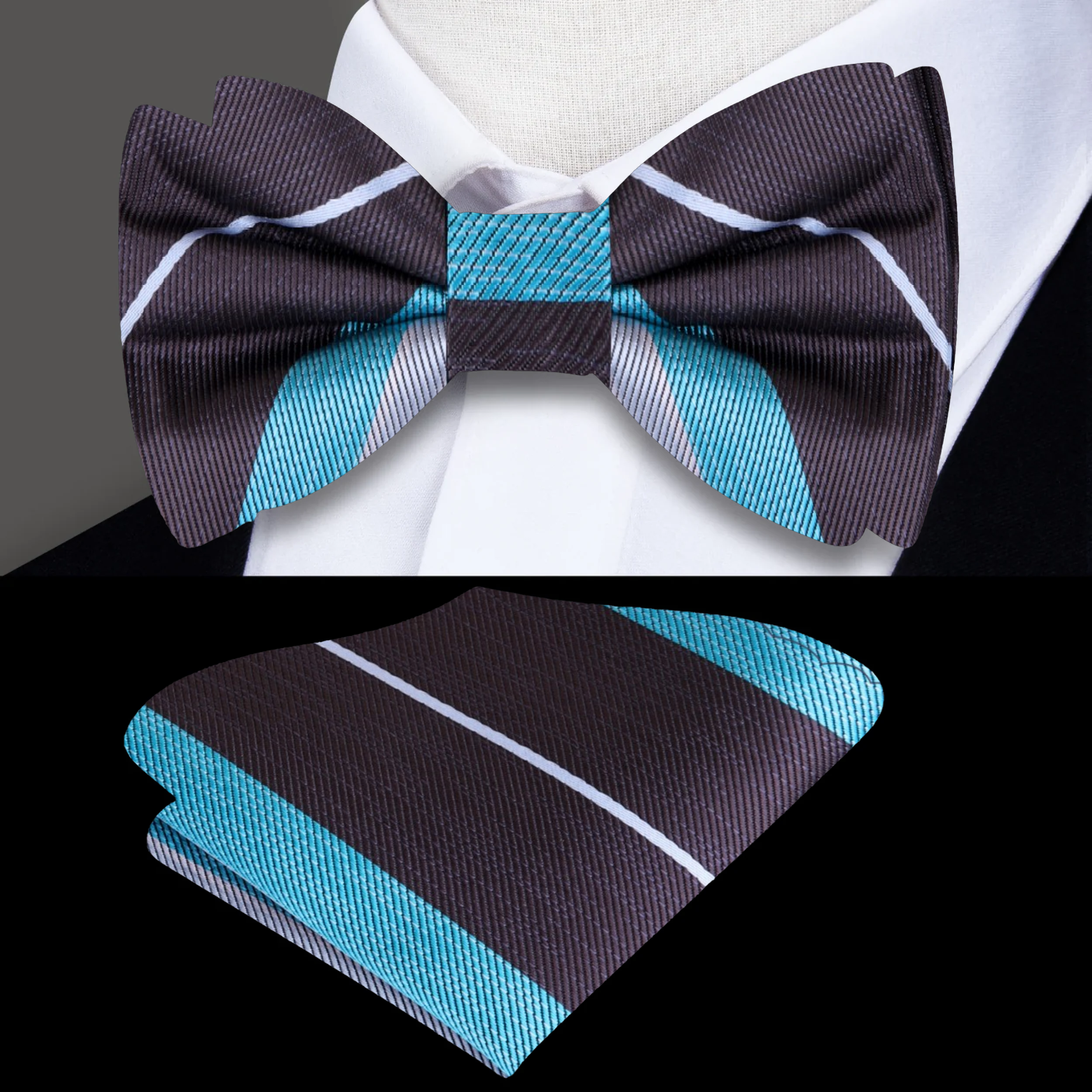 Elegant smokey grey and light blue pre-tied bow tie displayed on a suit, showcasing its refined stripe pattern.