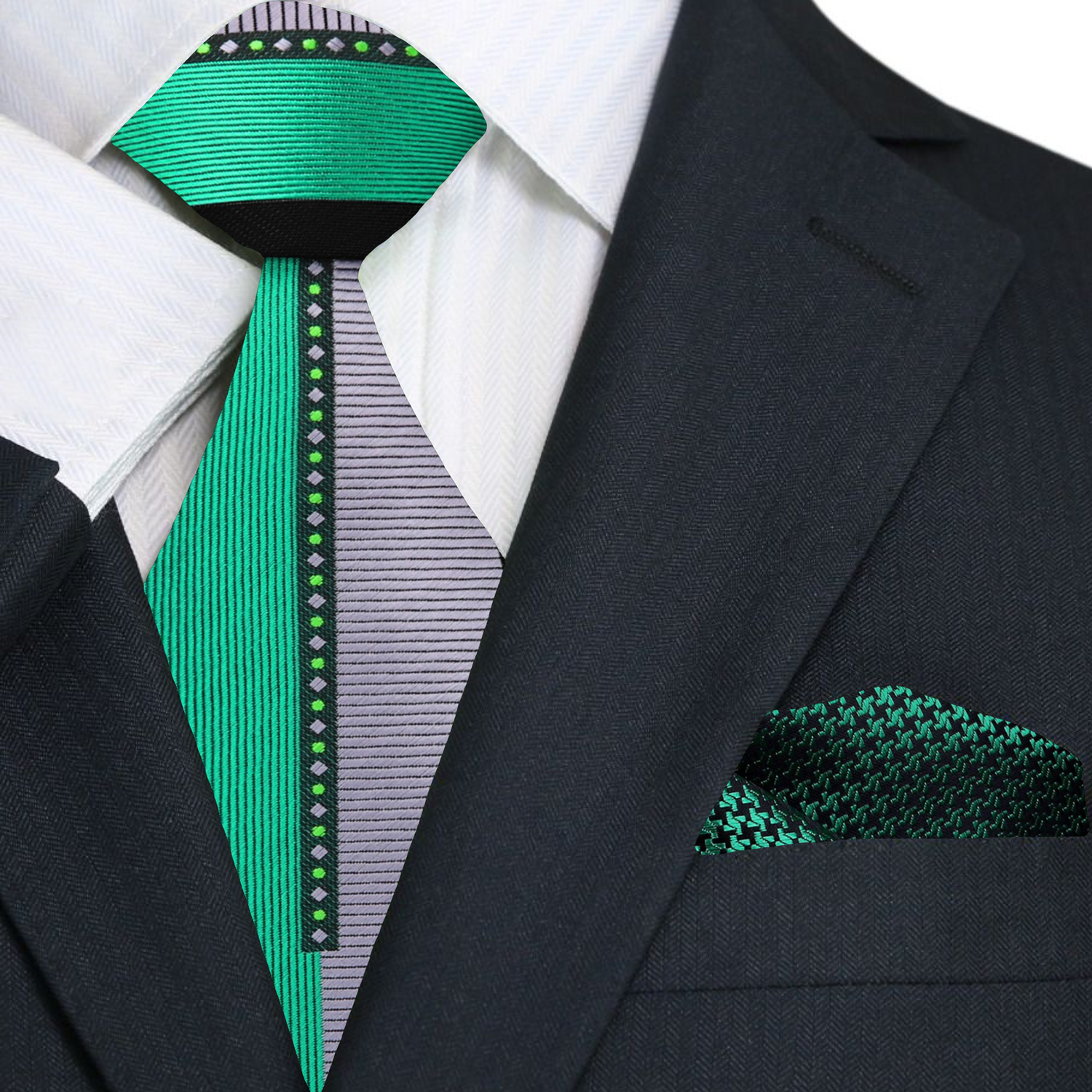 Mens silk tie styled with suit and pocket square for formal events