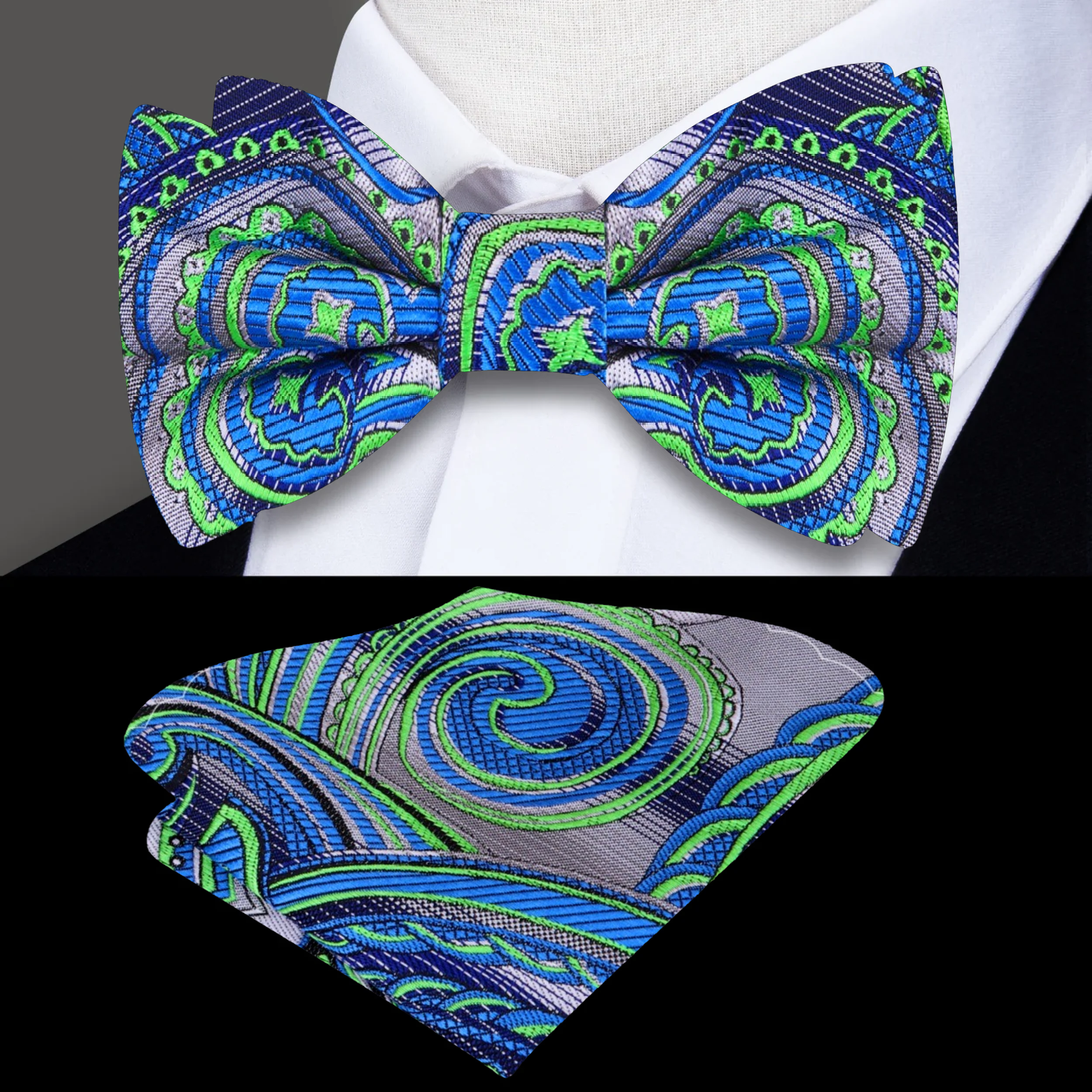 Tropics Paisley Bow Tie with vibrant grey, green, and blue patterns, ideal for elegant occasions.