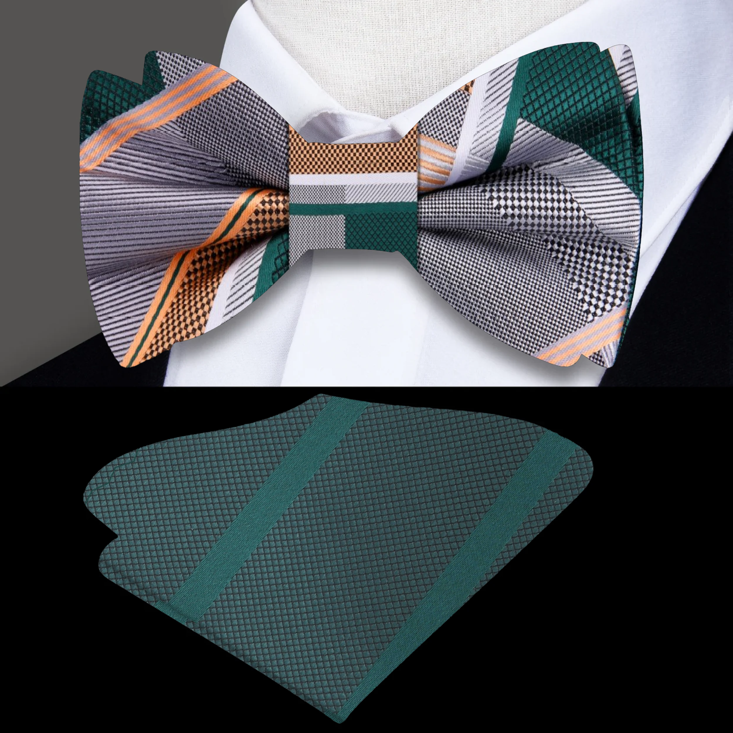 Close-up of a grey, green, and gold plaid bow tie on a white dress shirt, ideal for weddings.