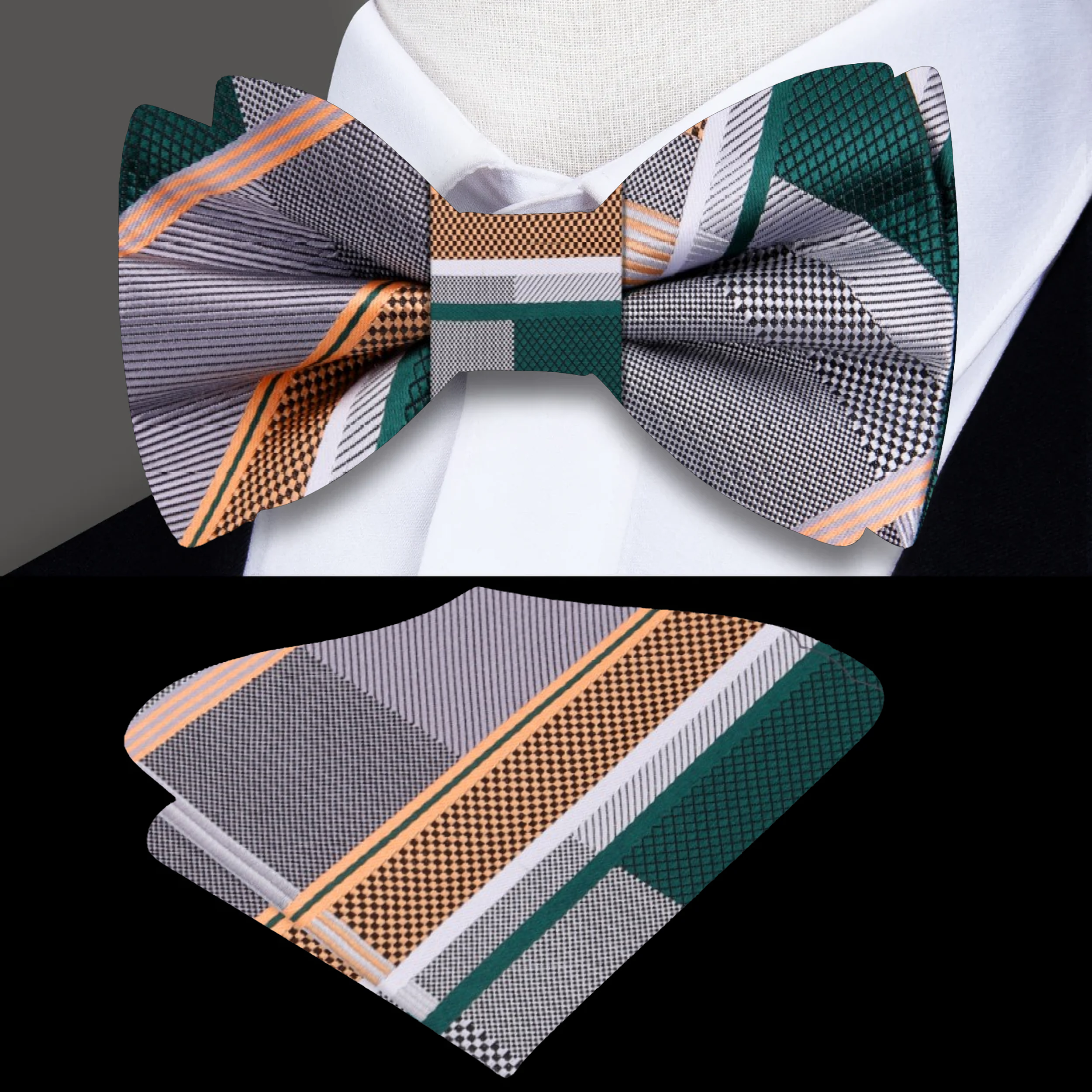 Self-tie plaid bow tie displayed with a matching pocket square, showcasing its elegant design.