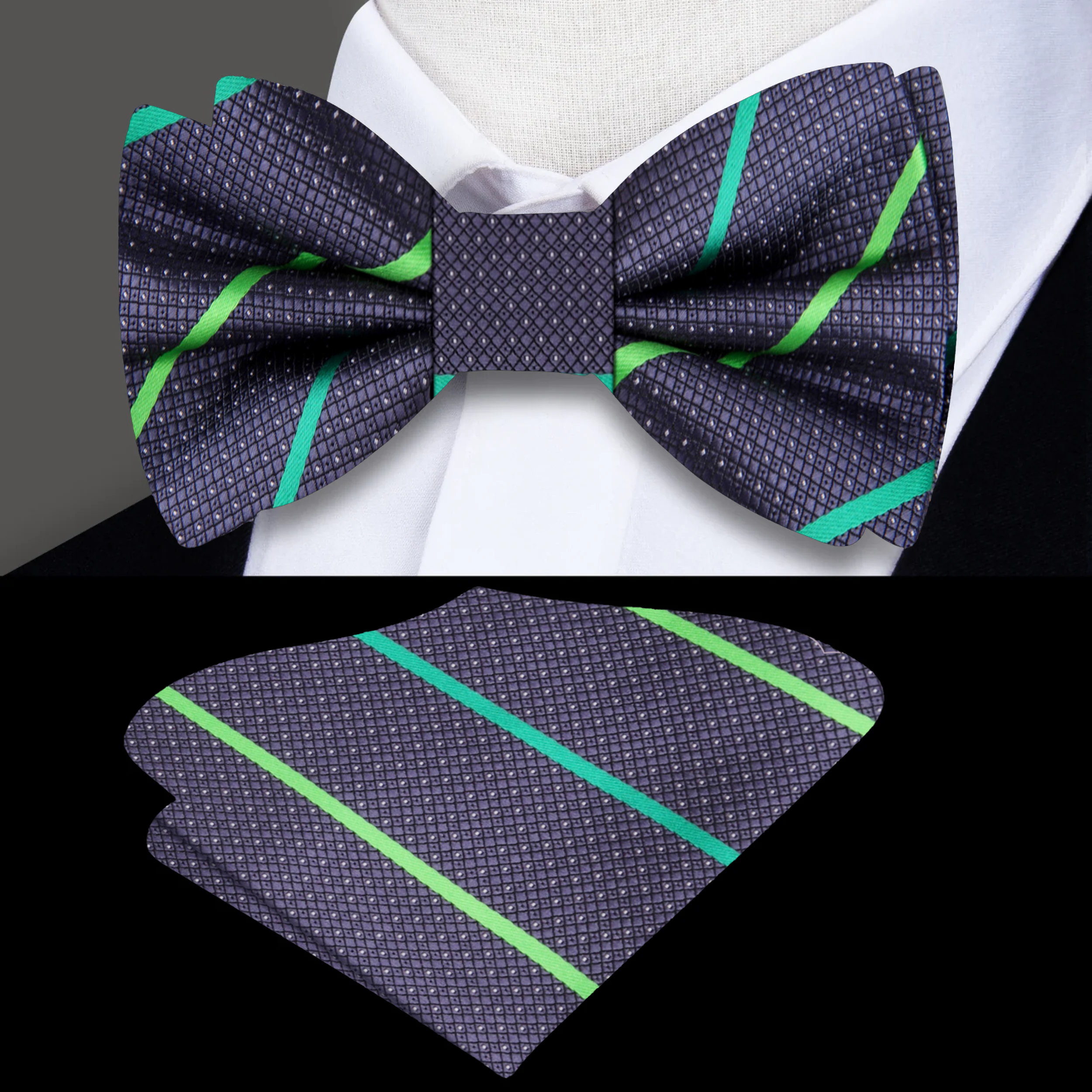 Elegant dark blue silk bow tie with brown stripes on a mannequin for formal wear