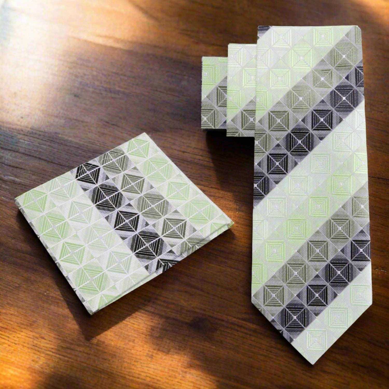 Close-up of the Impact Blocks tie fabric highlighting the geometric design