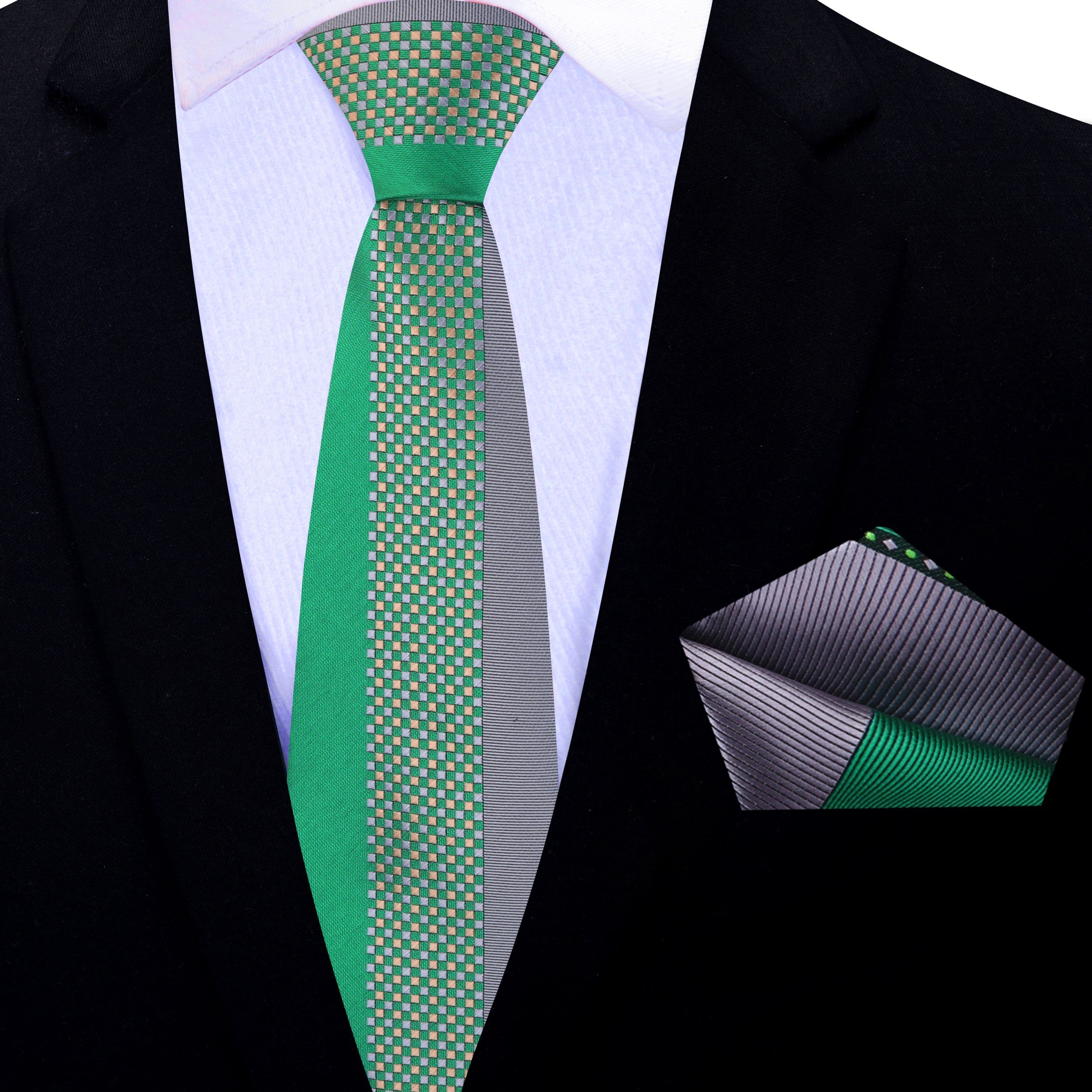 A model wearing the grey and green checkered necktie with a charcoal suit, perfect for business meetings.