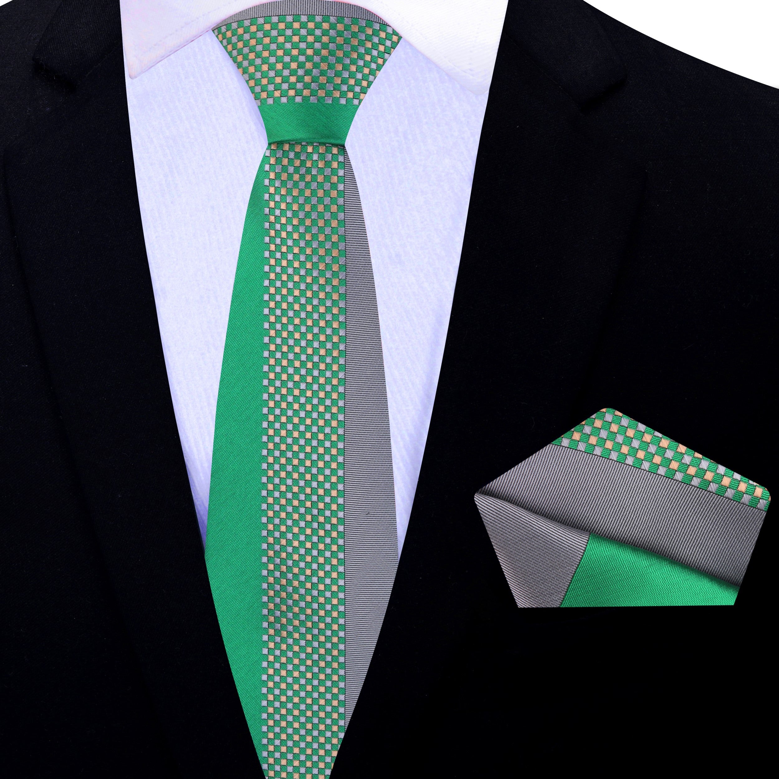 Detail view of the grey and green checkered tie, showcasing the fabric texture and pattern.