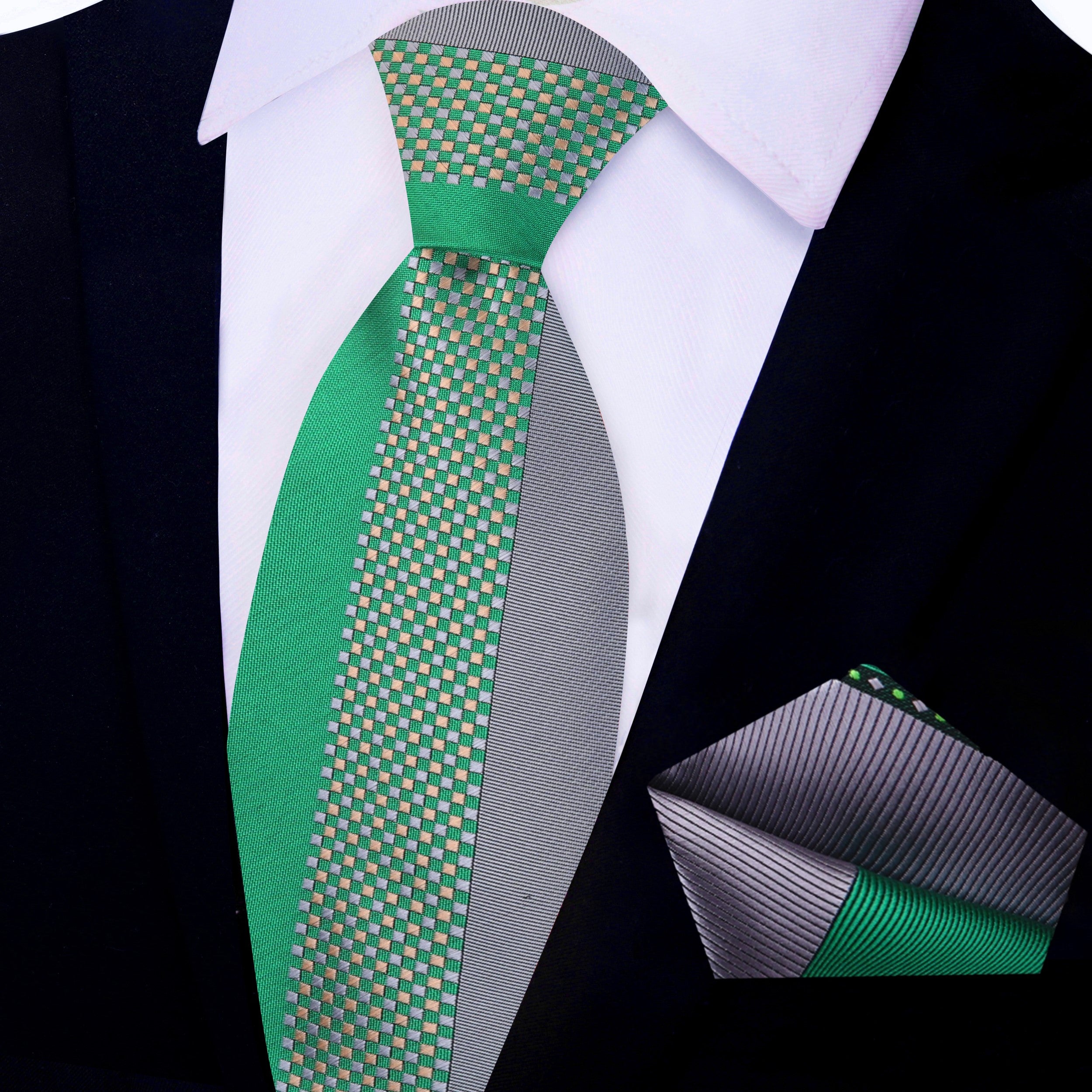 Grey and green checkered necktie displayed with a matching pocket square, ideal for formal occasions.