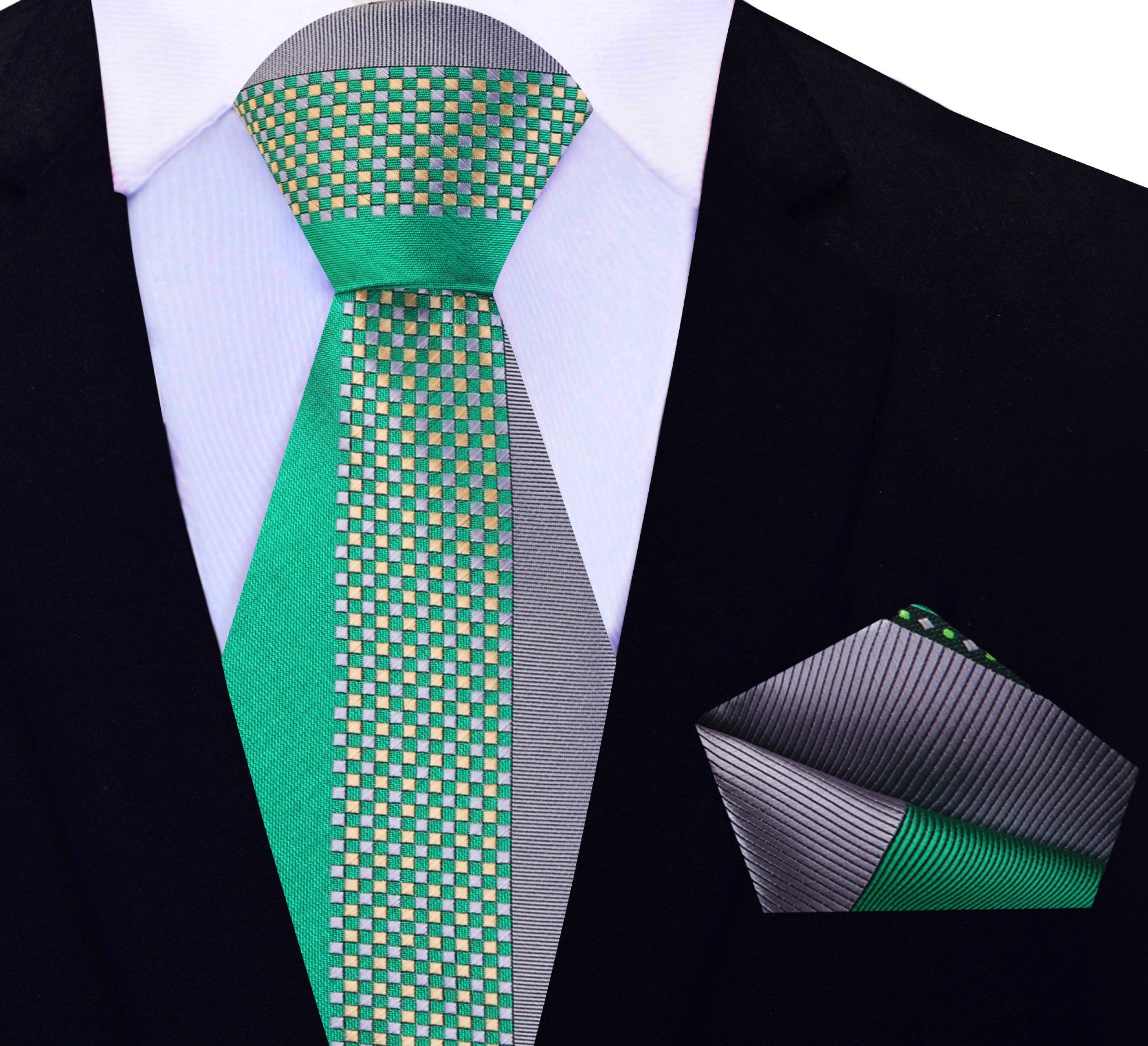 Detail view of the grey and green checkered tie, showcasing the fabric texture and pattern.