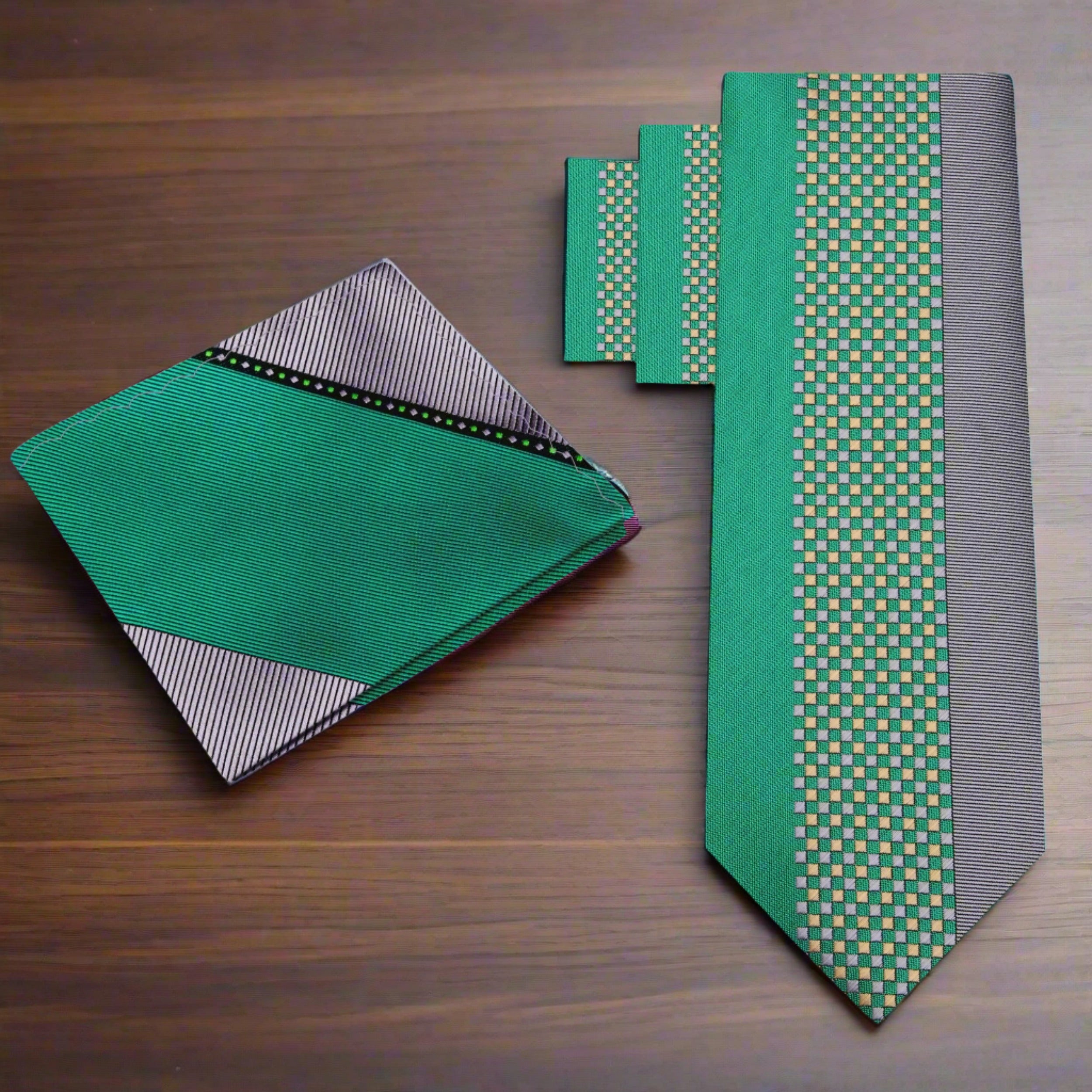 Grey and green checkered necktie displayed with a matching pocket square, ideal for formal occasions.