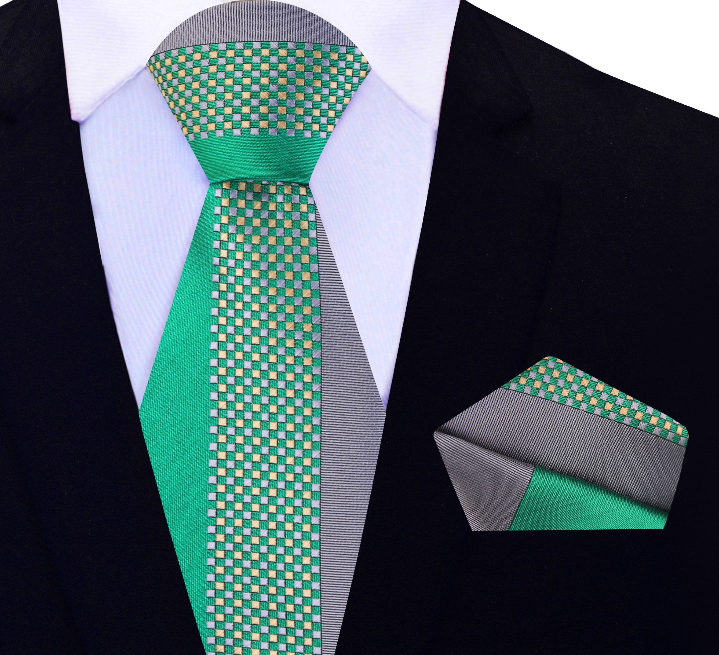 Grey and green checkered necktie displayed with a matching pocket square, ideal for formal occasions.