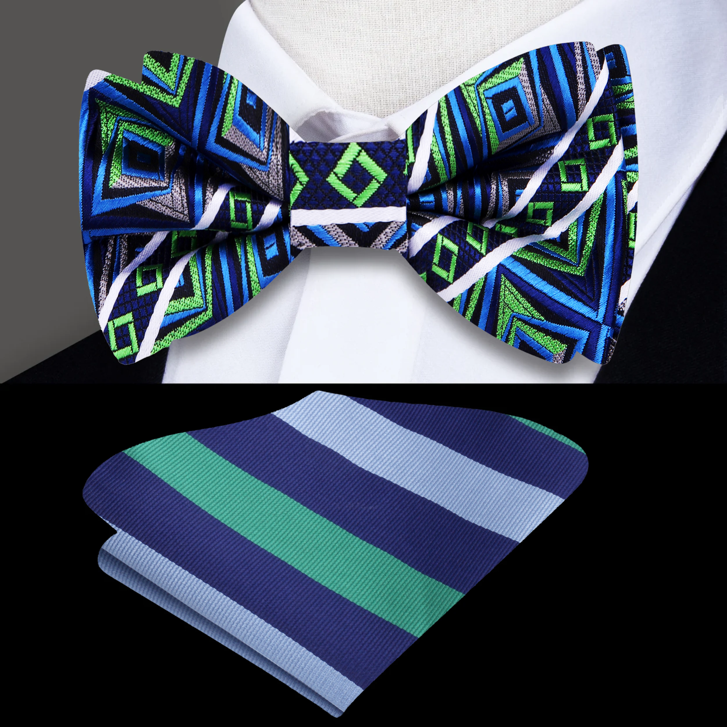 Front view of a modern geometric bow tie in vibrant colors for formal events