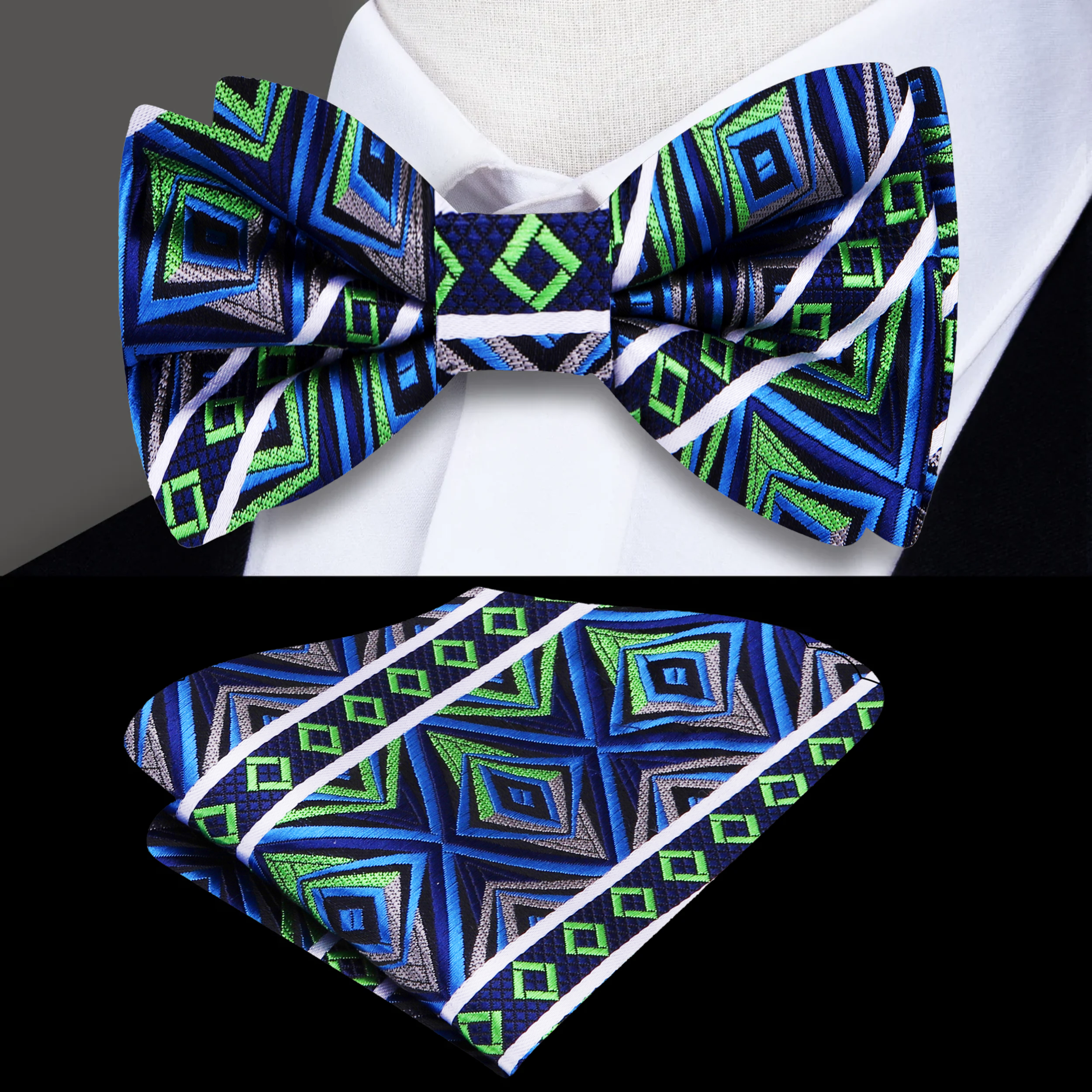 Styled shot of a man wearing a bow tie with matching pocket square at a wedding