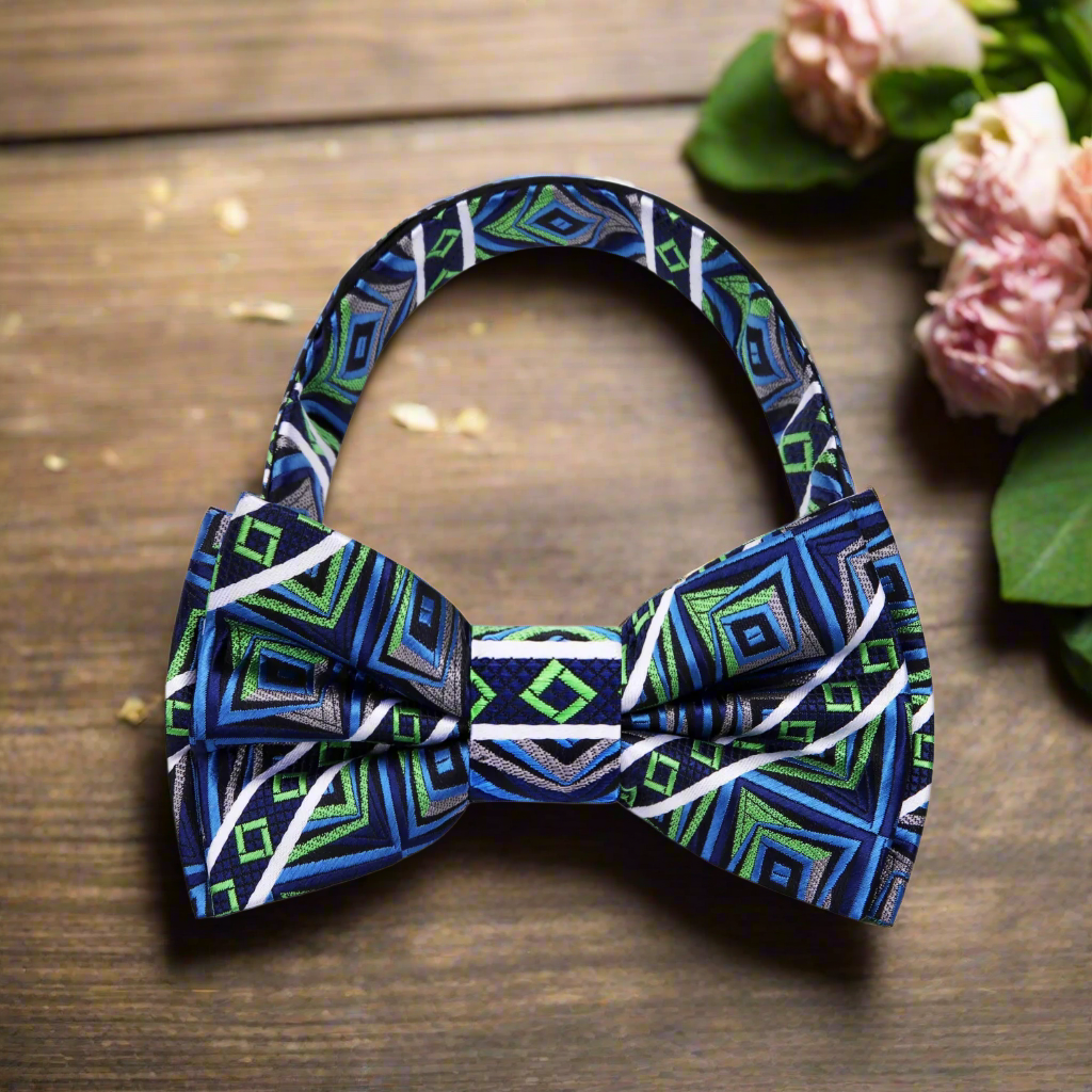 Close-up of an adjustable silk bow tie showcasing the abstract geometric pattern