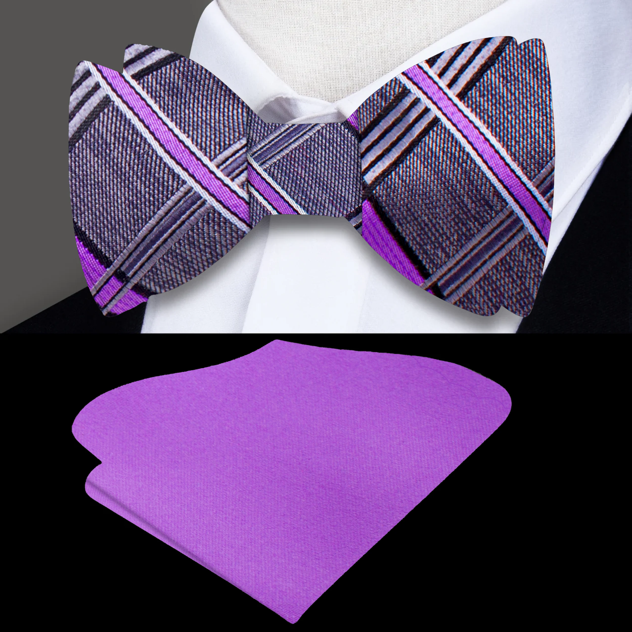 Elegant Grey and Lavender Plaid Silk Bow Tie displayed on a white dress shirt.