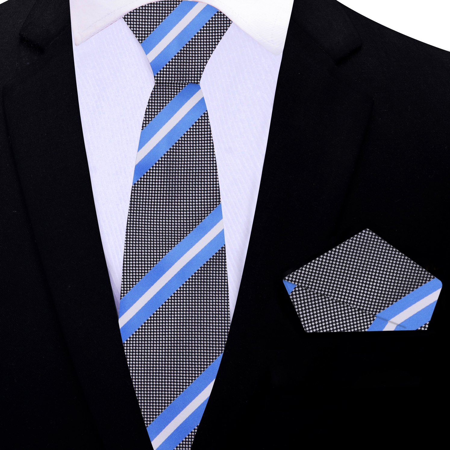 Stylish grey silk tie paired with a navy blue suit, ideal for business events.