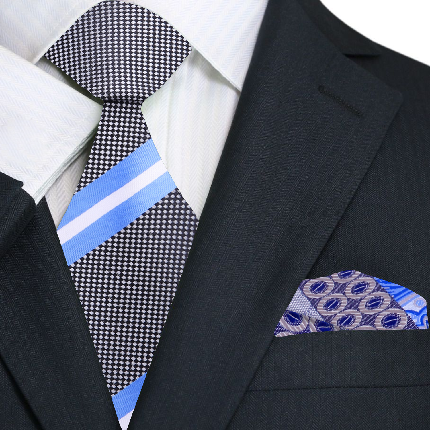 Close-up of the elegant mens silk necktie showcasing the detailed stripe pattern.