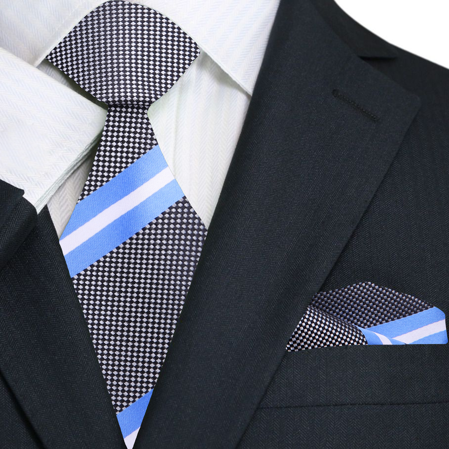 Close-up of the elegant mens silk necktie showcasing the detailed stripe pattern.