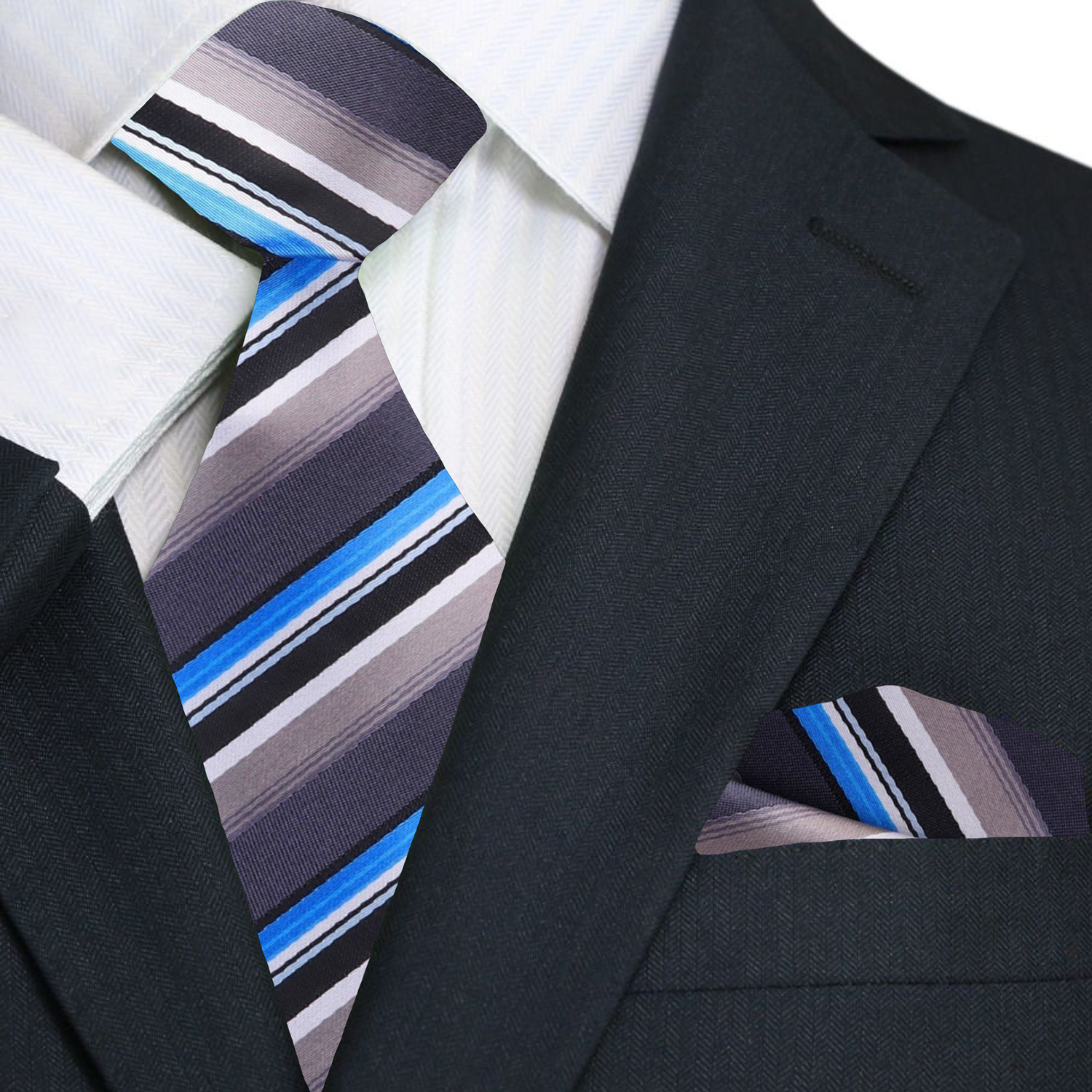 Close-up of the silver striped silk necktie showcasing its elegant pattern.