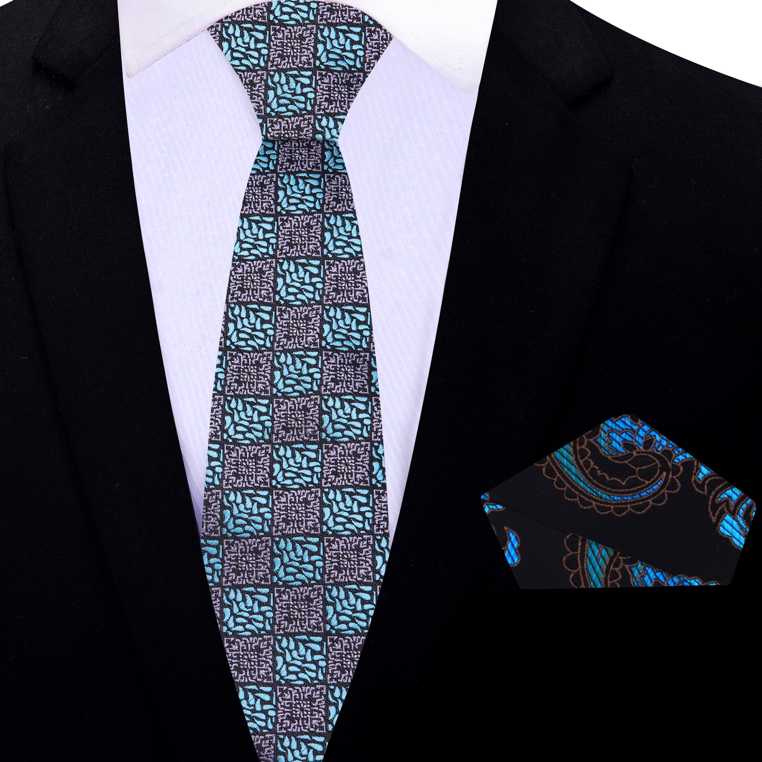 Flat lay of the silk necktie with matching pocket square