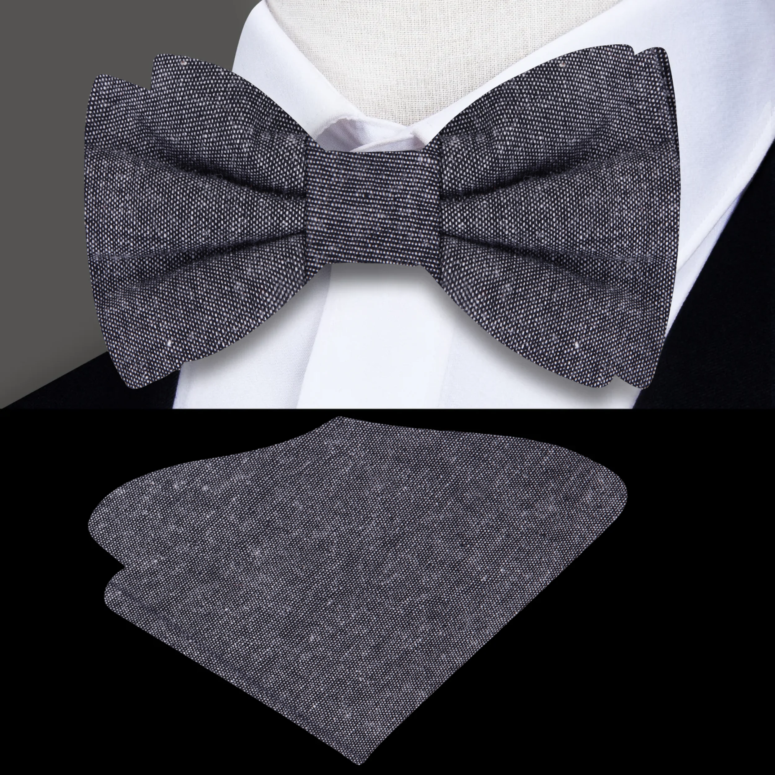 Close-up of a light blue linen bow tie with matching pocket square, perfect for weddings