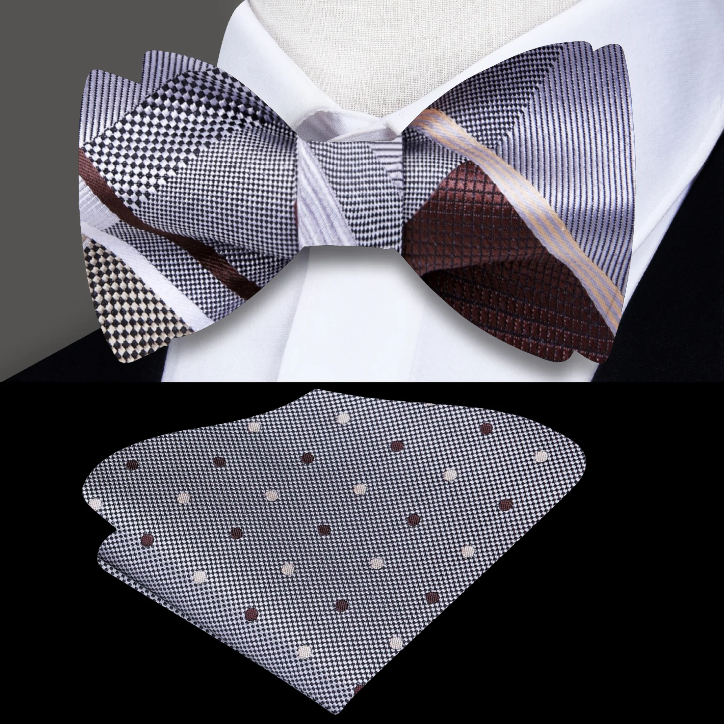 Close-up of the grey and mahogany geometric bow tie showcasing its intricate design.