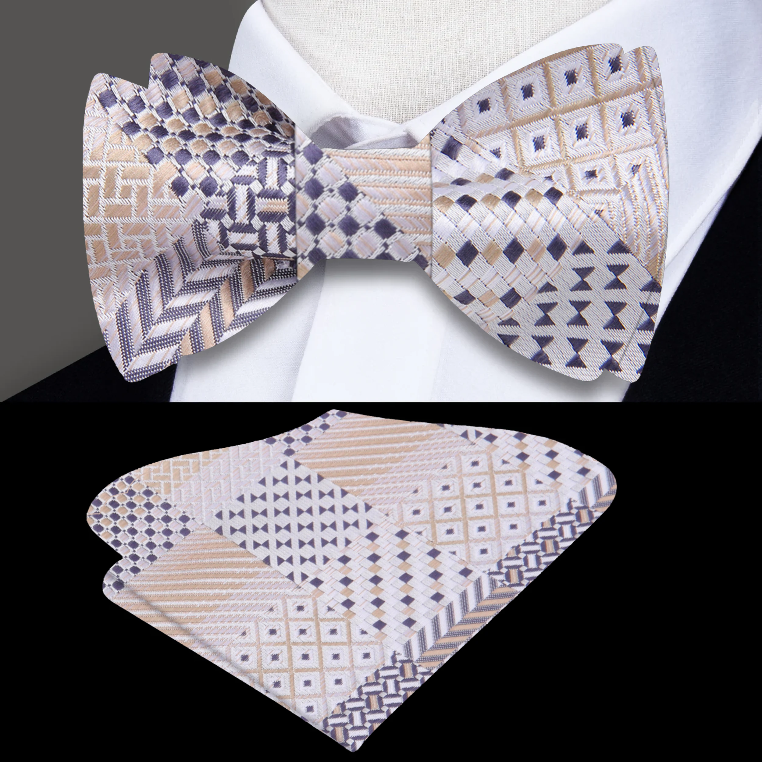 Chic grey plaid self-tie bow tie with detailed texture, laid flat for a clear view.