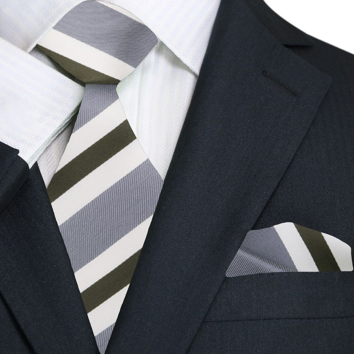 Elegant men's silk tie with blue and white stripes, suitable for business attire