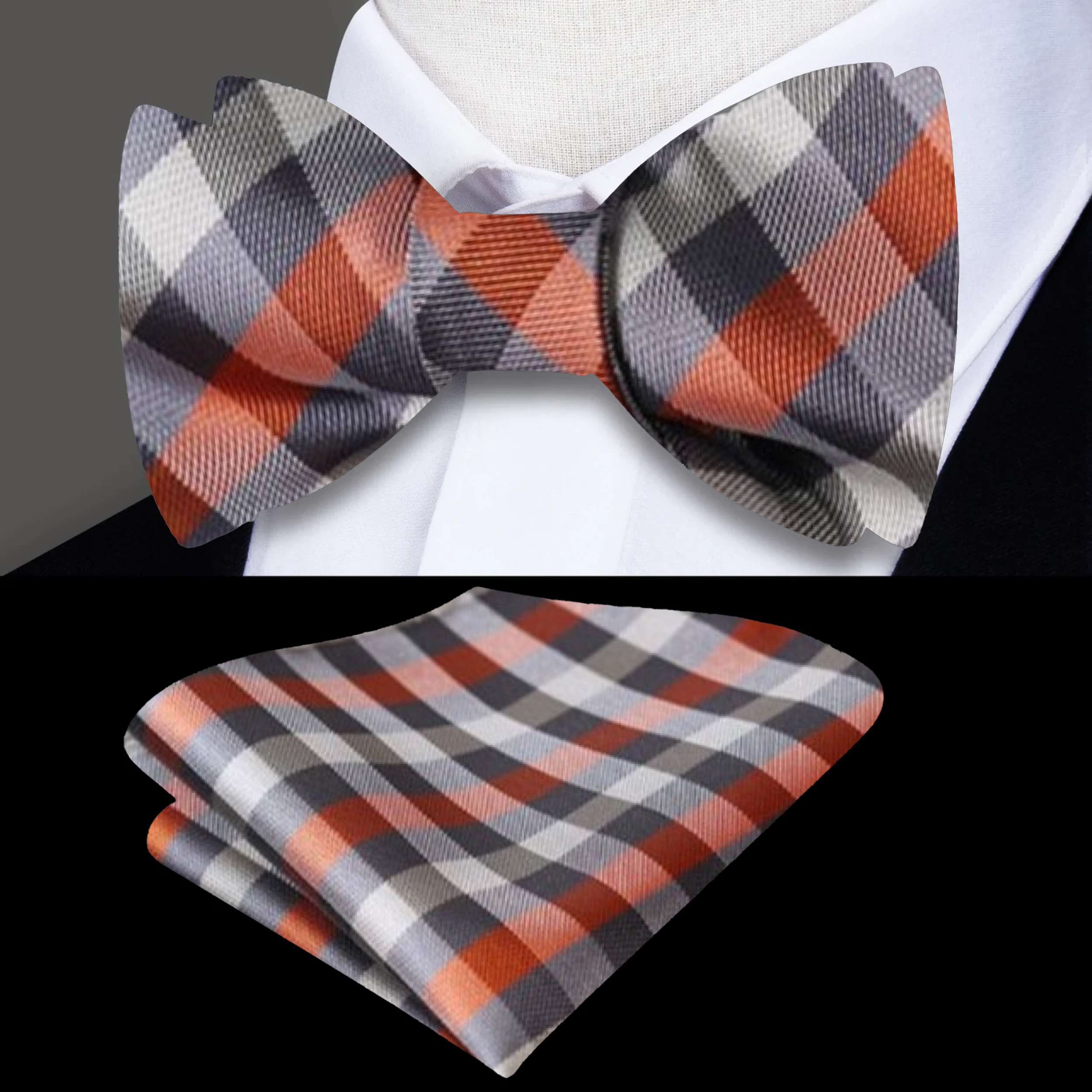 Men wearing a self-tie bow tie and pocket square at a wedding reception