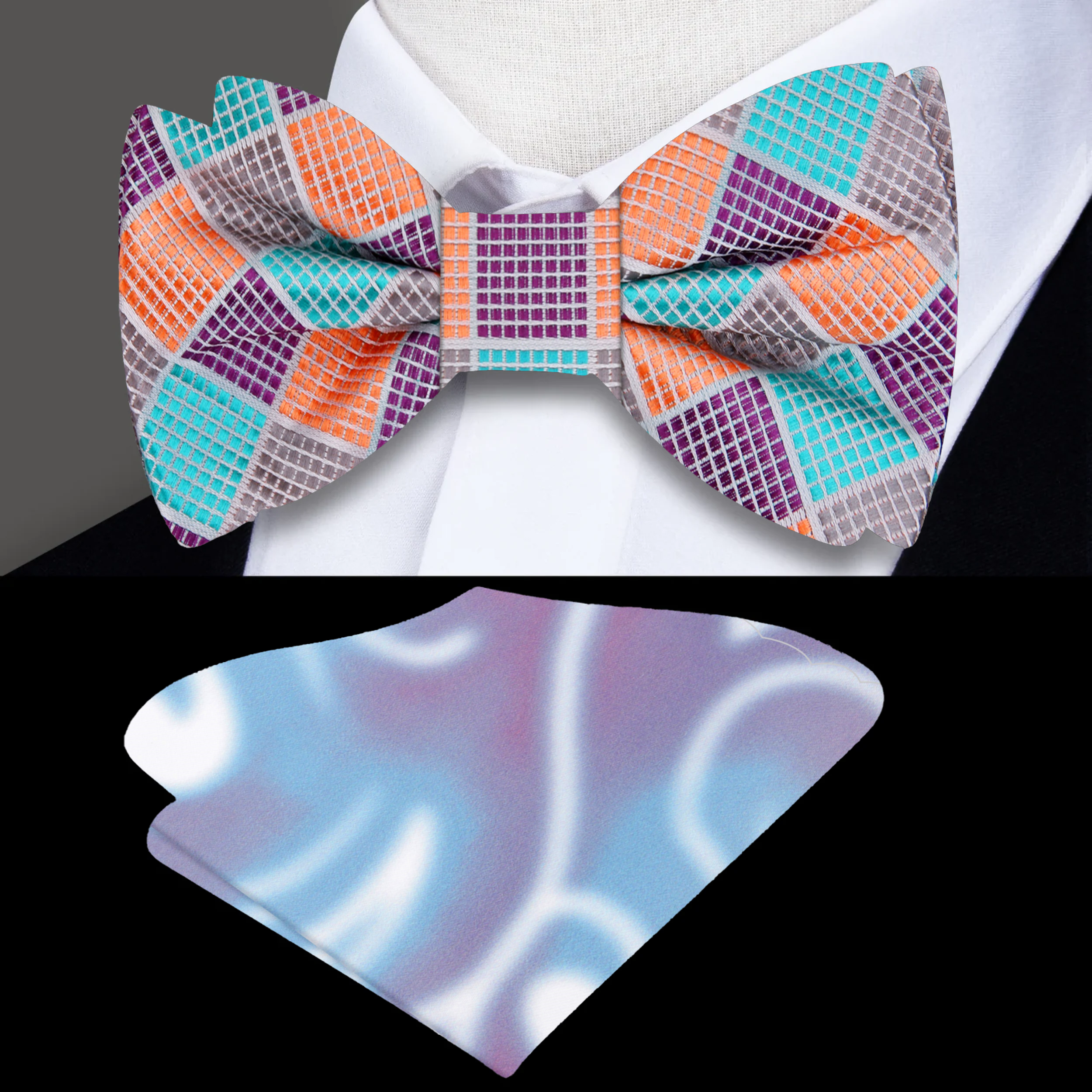 Close-up of Treble Geometric Silk Bow Tie showcasing vibrant pattern
